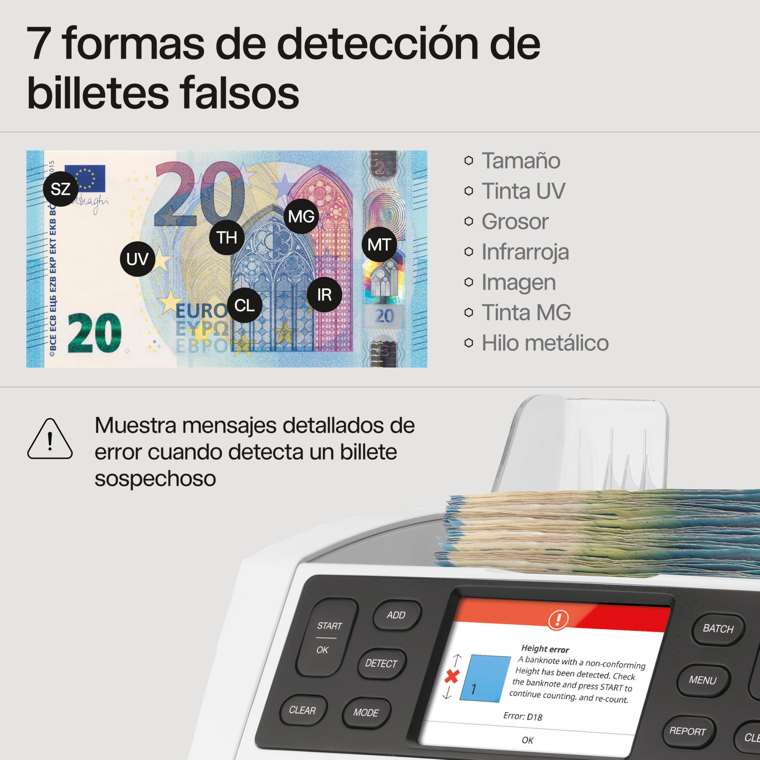Safescan 2885-S Contadora de billetes, cuenta el valor de billetes mezclados incluyendo USD - Contadora detectora de billetes falsos en 7 puntos - Máquina para contar billetes con interfaz multilingüe