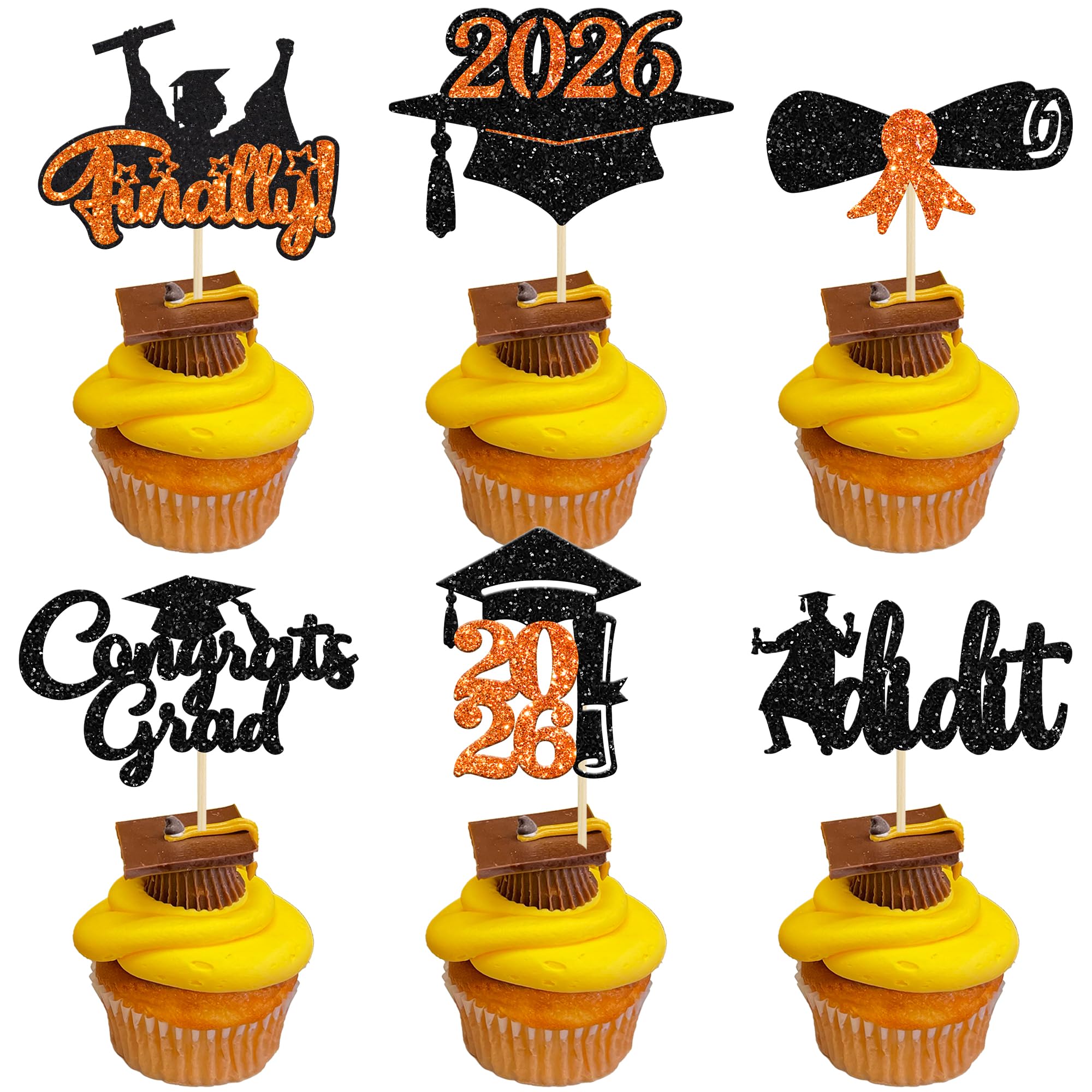 Gyufise 24Pcs Orange 2026 Graduation Cupcake Toppers Glitter Congrats Class of 2026 Finally I Did it Diploma Grad Cap Cupcake Picks Decoratiosn for 2026 Graduation Theme Party Supplies