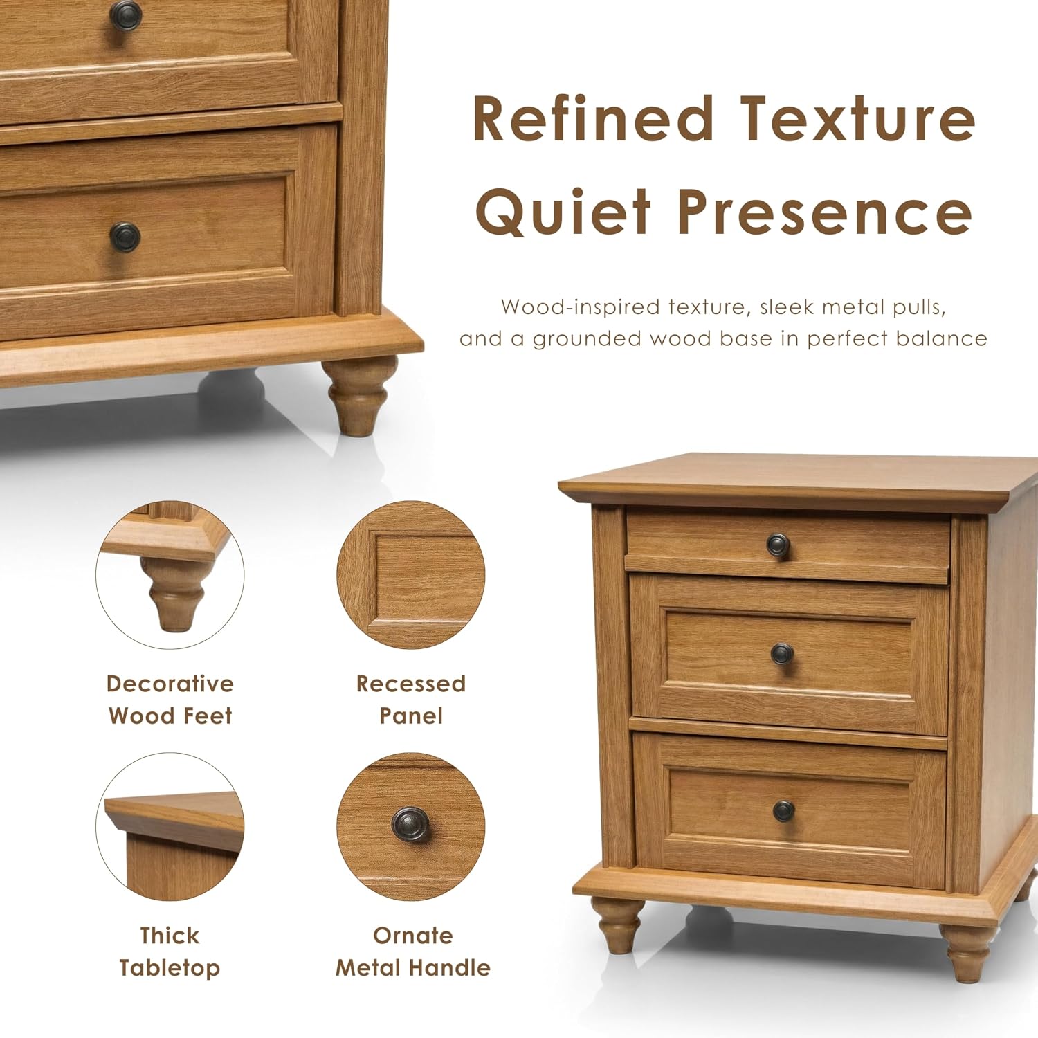 24/7 Shop at Home Brixa Traditional 24-inch Wood Nightstand with 3 Drawers and Ornate Handles, Wooden Night Stand for Bedroom, Apartment, Small Bedside Table, Classic Oak
