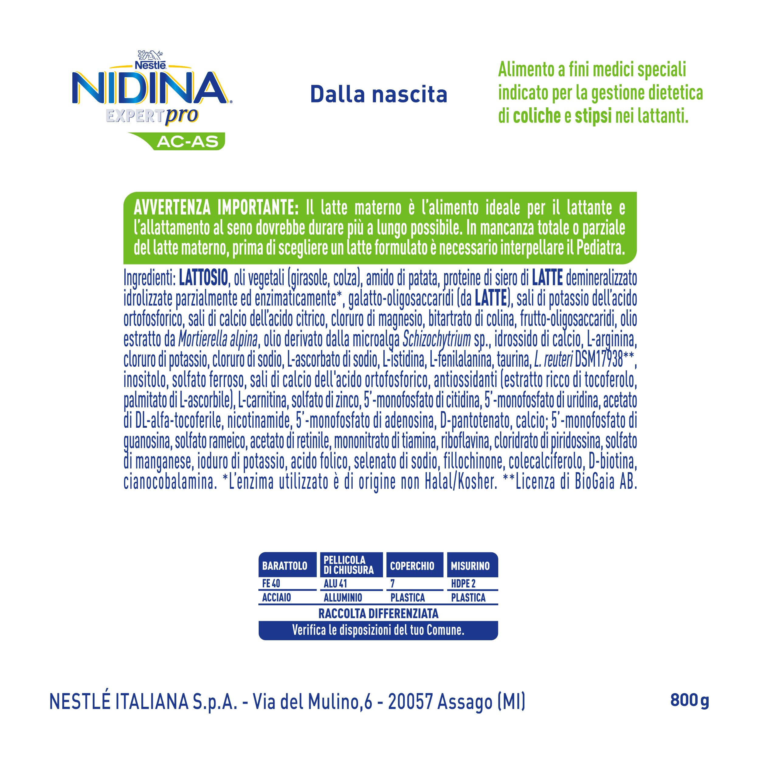 NIDINA EXPERT PRO AC-AS Alimento a fini medici speciali in polvere, Latta 800g