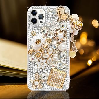 Guppy for iPhone 14 Pro Max Case Women Luxury 3D Bling Shiny Rhinestone Diamond Crystal Pearl Handmade Pendant Iron Tower Pumpkin Car Flowers Soft Protective Anti-Fall Case for iPhone 14 Pro Max