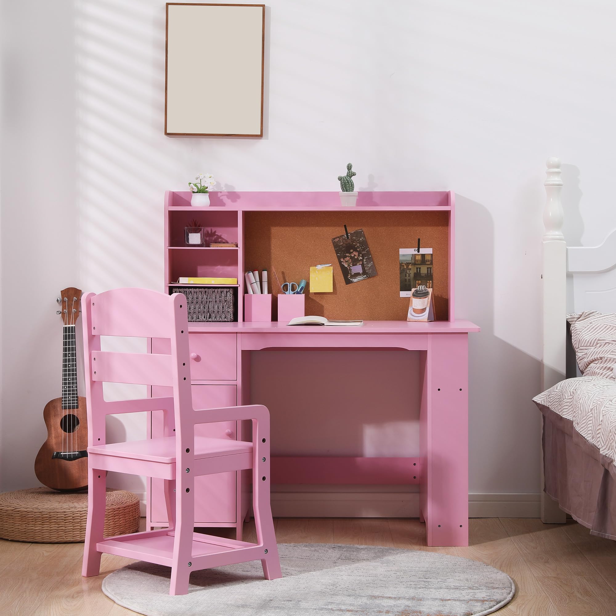 Garvee Kinderschreibtisch, Schreibtisch- und Stuhlset für Jungen und Mädchen, Holzschreibtisch mit Bücherregal, Pinnwand, Schrank und Schublade für Kinder von 3-8 Jahren, Rosa