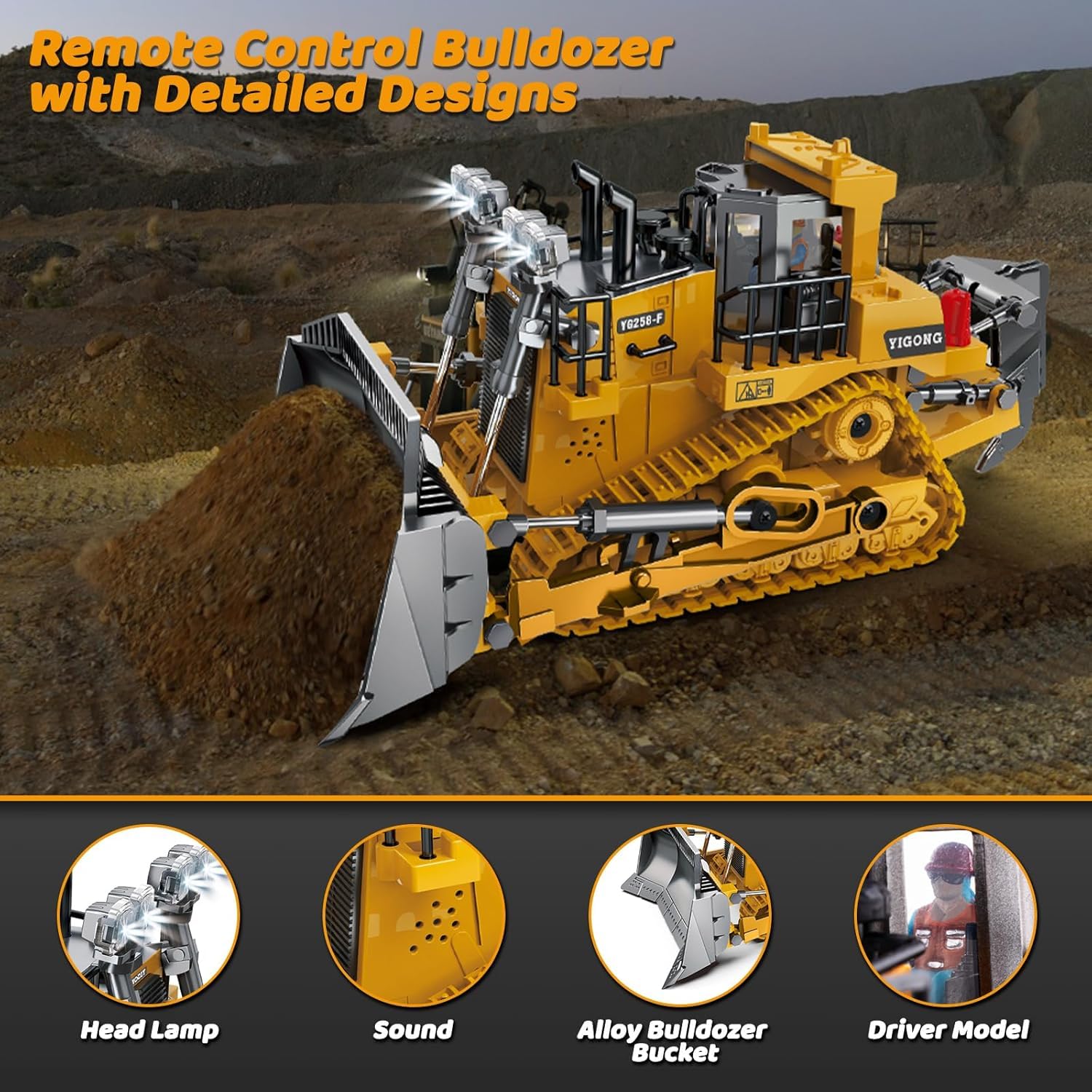CROPDAK Rc Bulldozer Toys for Boys,Construction Remote Control Bulldozer with Metal bulldozing Shovel Lights/Sounds for Kids Boys 3