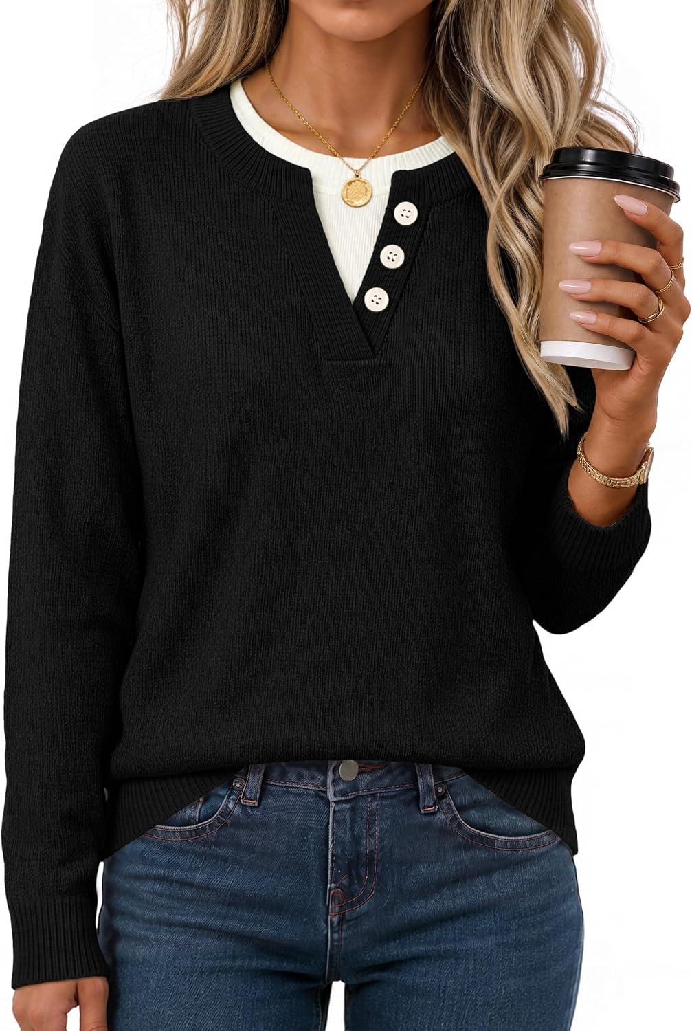 MEROKEETY Womens Fall Oversized Pullover Sweater Layered Neck Henley Tops