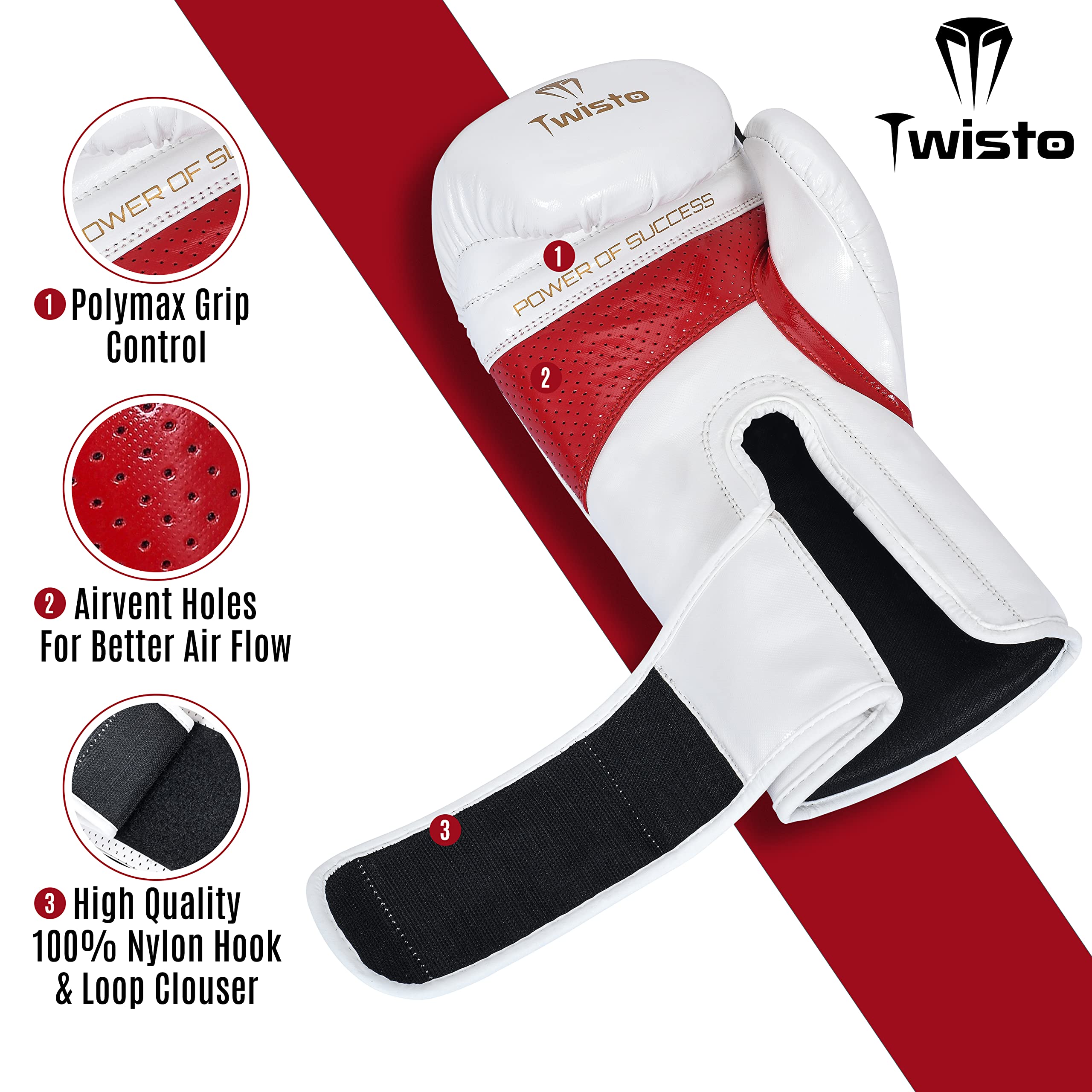 Twisto Boxing Gloves Sparring X7 (16 oz, White/Red), White / Red - Image 3