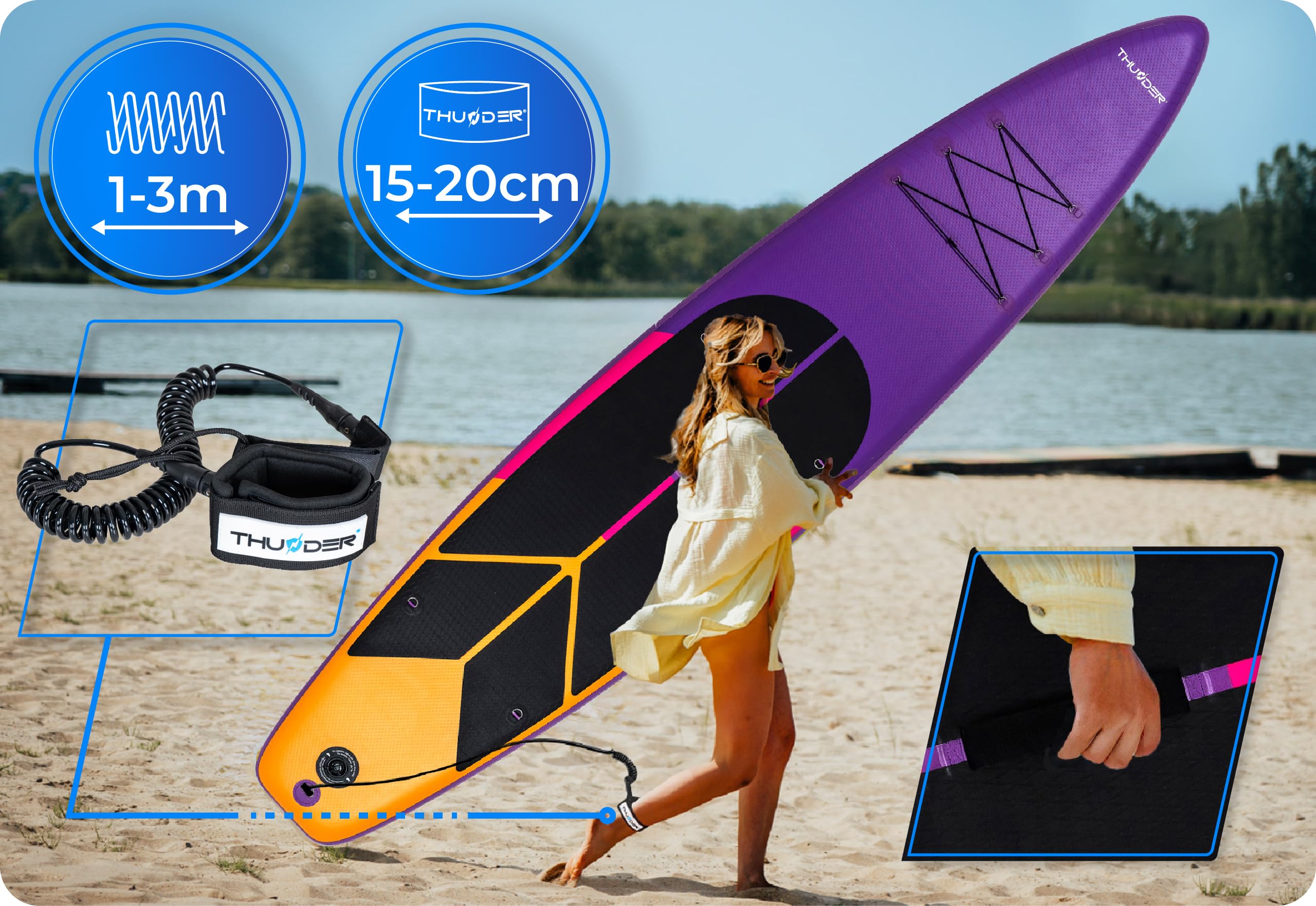 THUNDER Tabla de Sup Inflable 365 cm con Asiento de Kayak – Set de Stand Up Paddle con Bomba, Remo y Mochila – Touring Sup para Adultos y Principiantes hasta 150 kg