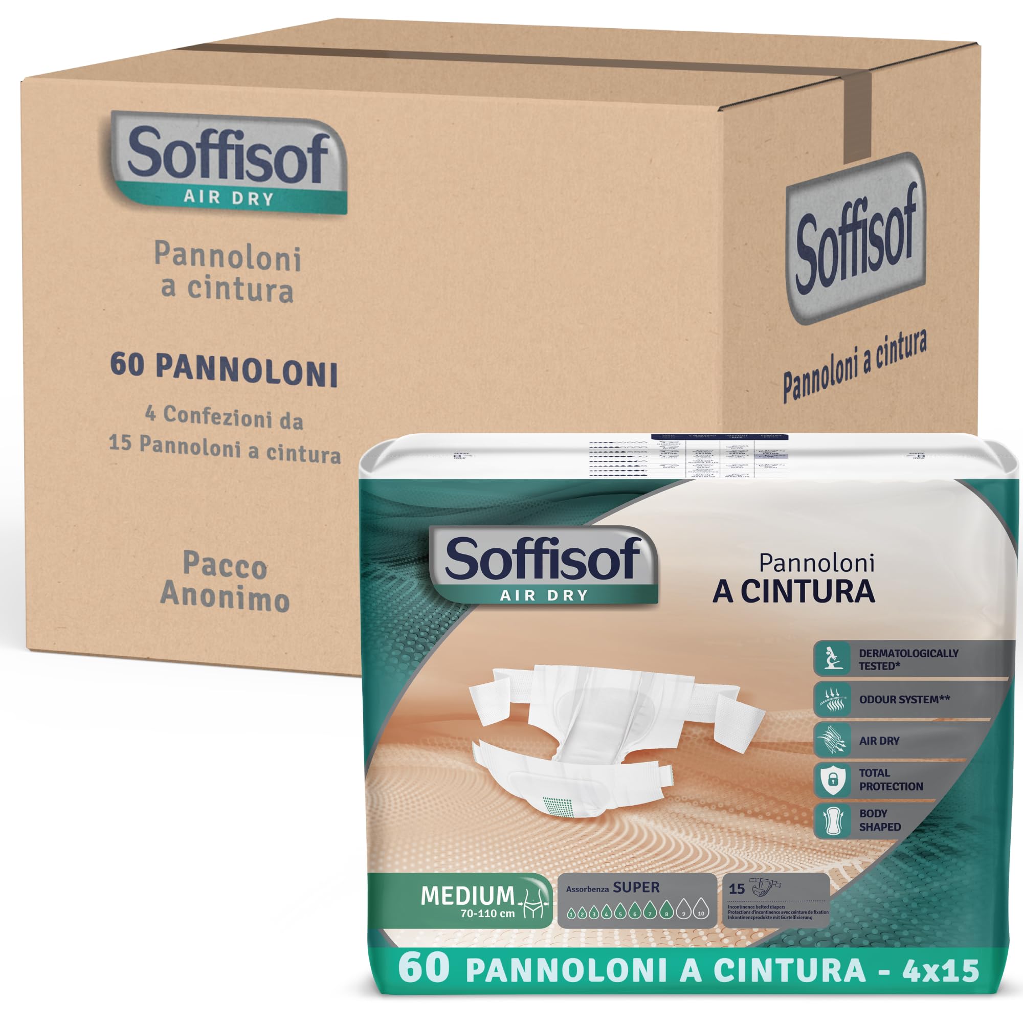 Soffisof Air Dry Pannoloni con Cintura Super M - 60x Pannoloni per Anziani - 4 Confezioni da 15 Pezzi, Assorbenza fino a 8 Gocce - Ausili Incontinenza Uomo e Donna