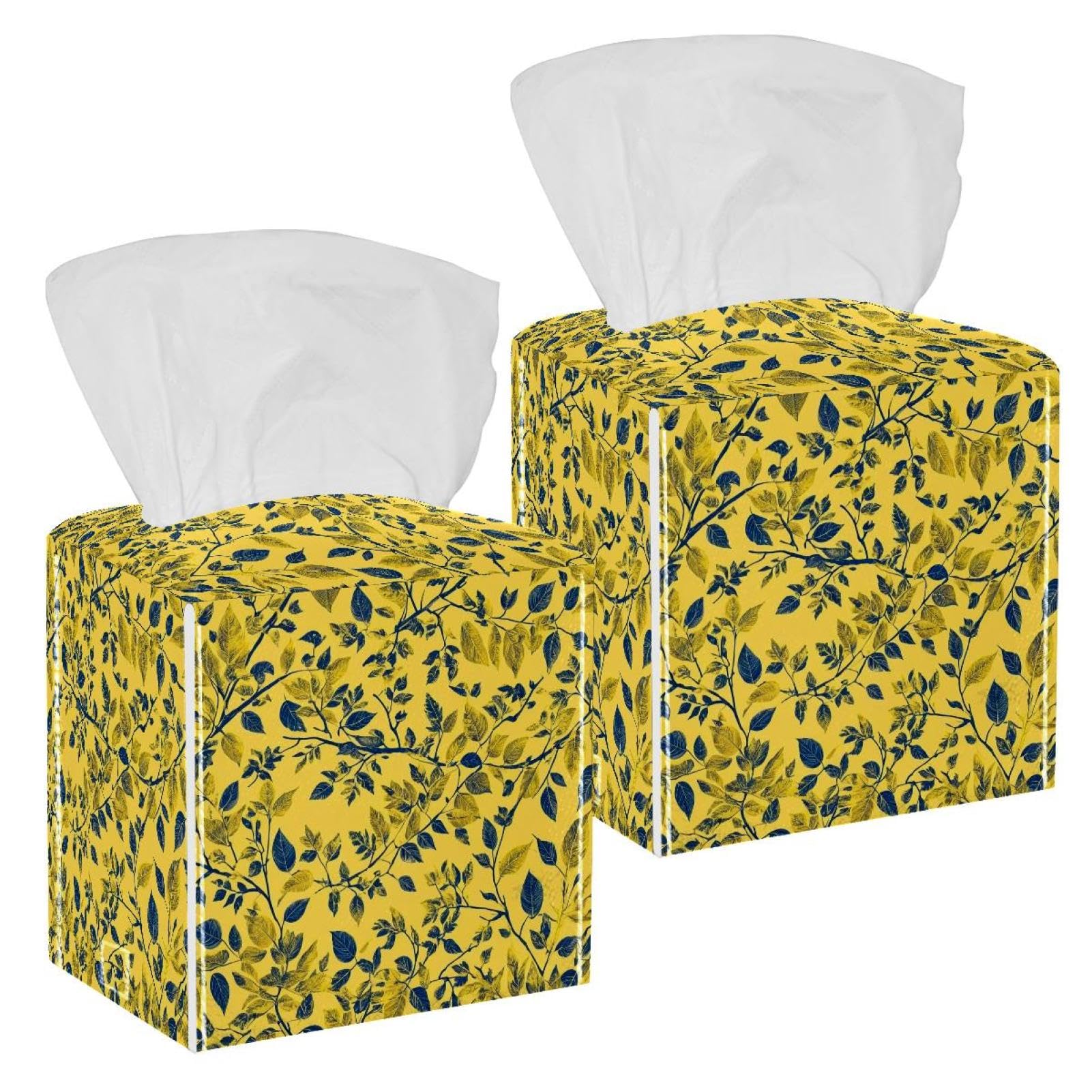Aesthetic Leaves Tissue Box Cover, 2 Pack PU Leather Square Facial Tissue Dispenser Box holder for Home Office Car