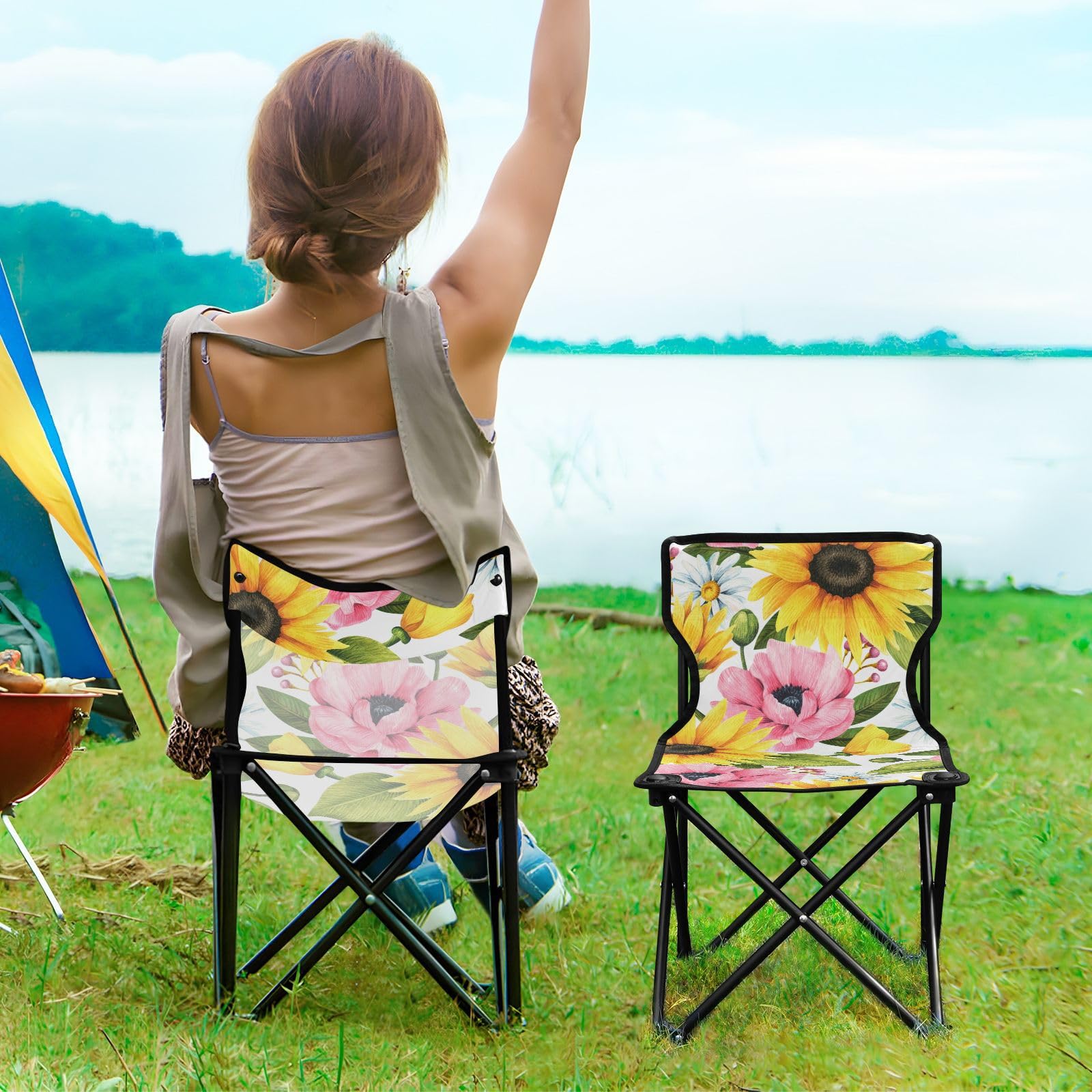 Faltbarer Campingstuhl mit Blumenmuster, dekorative Sonnenblumen, Klappstuhl, ultraleicht, Rucksackstuhl, Tragetasche, Eisangelstühle für Erwachsene, für Reisen, Konzert Küche, Haushalt & Wohnen