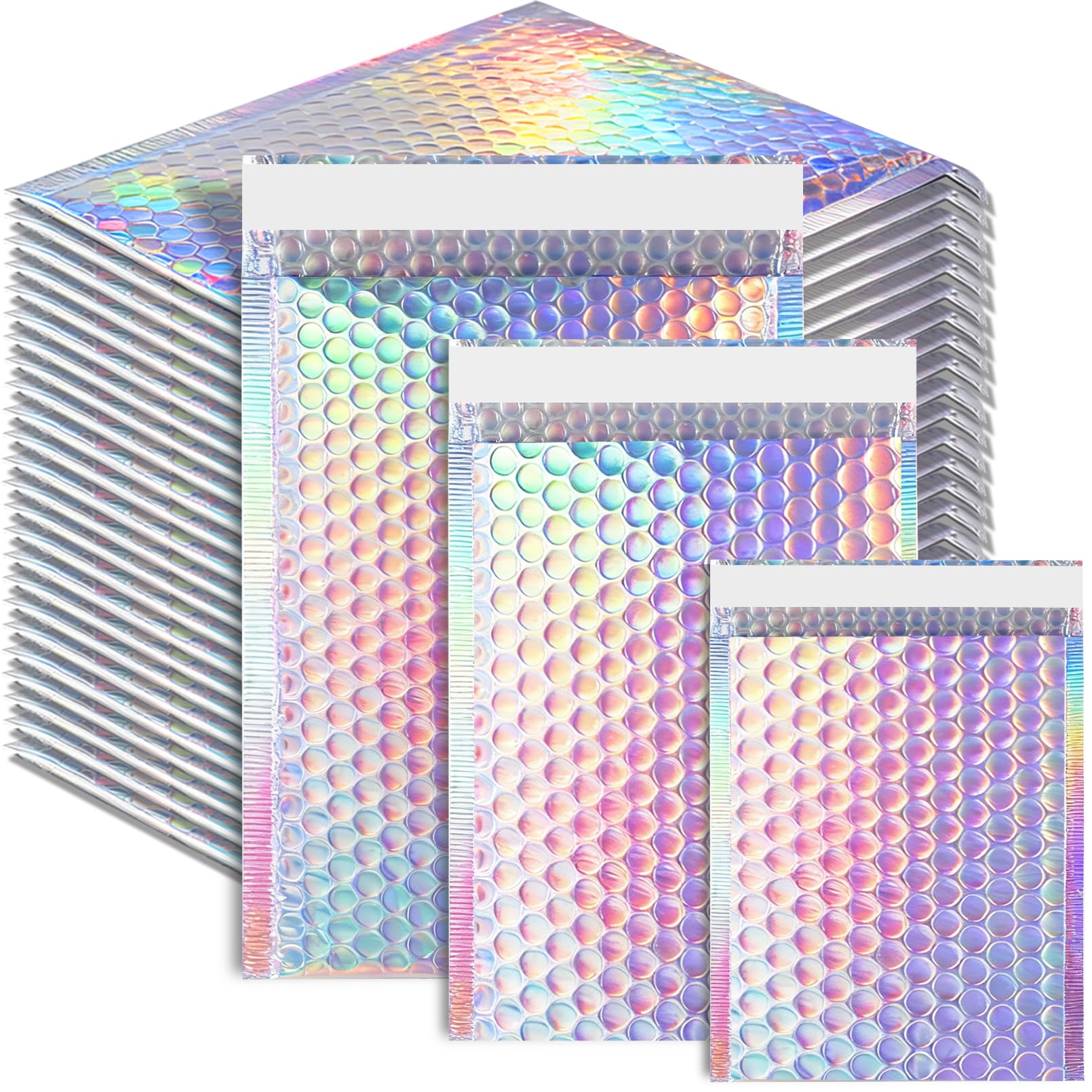 50 Pcs Metallic Bubble Mailers, 3 Sizes Holographic Bubble Mailers, Poly Padded Envelopes, Waterproof Self Seal Adhesive Shipping Bags, Cushion Envelopes for Packing, Mailing, Small Business