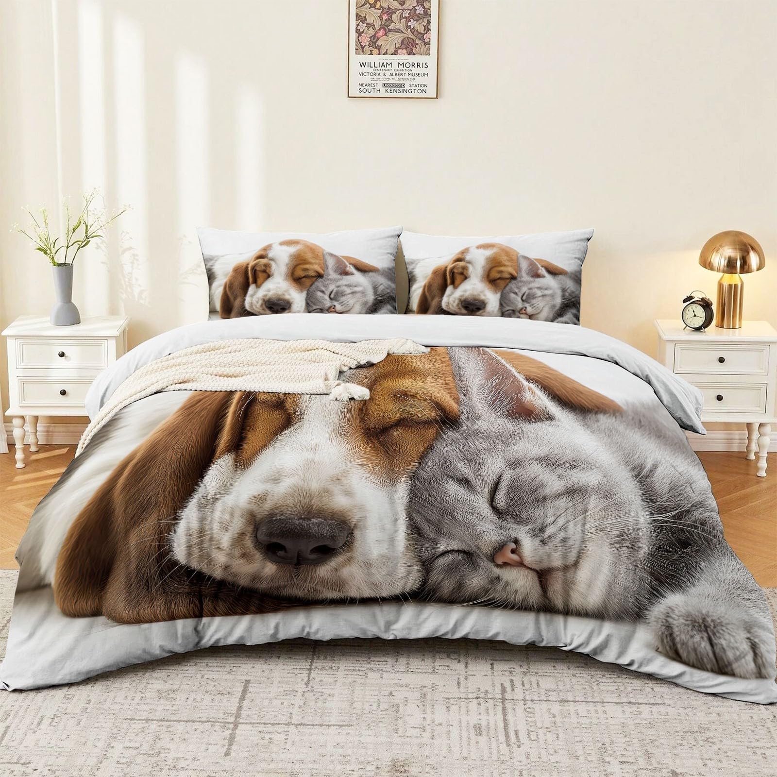 Biancheria da letto da 155 x 220 cm, in 100% microfibra, non necessita di stiratura e morbida, con stampa fotografica, con simpatici animali e cuccioli, stile minimalista, con chiusura lampo, 2 federe