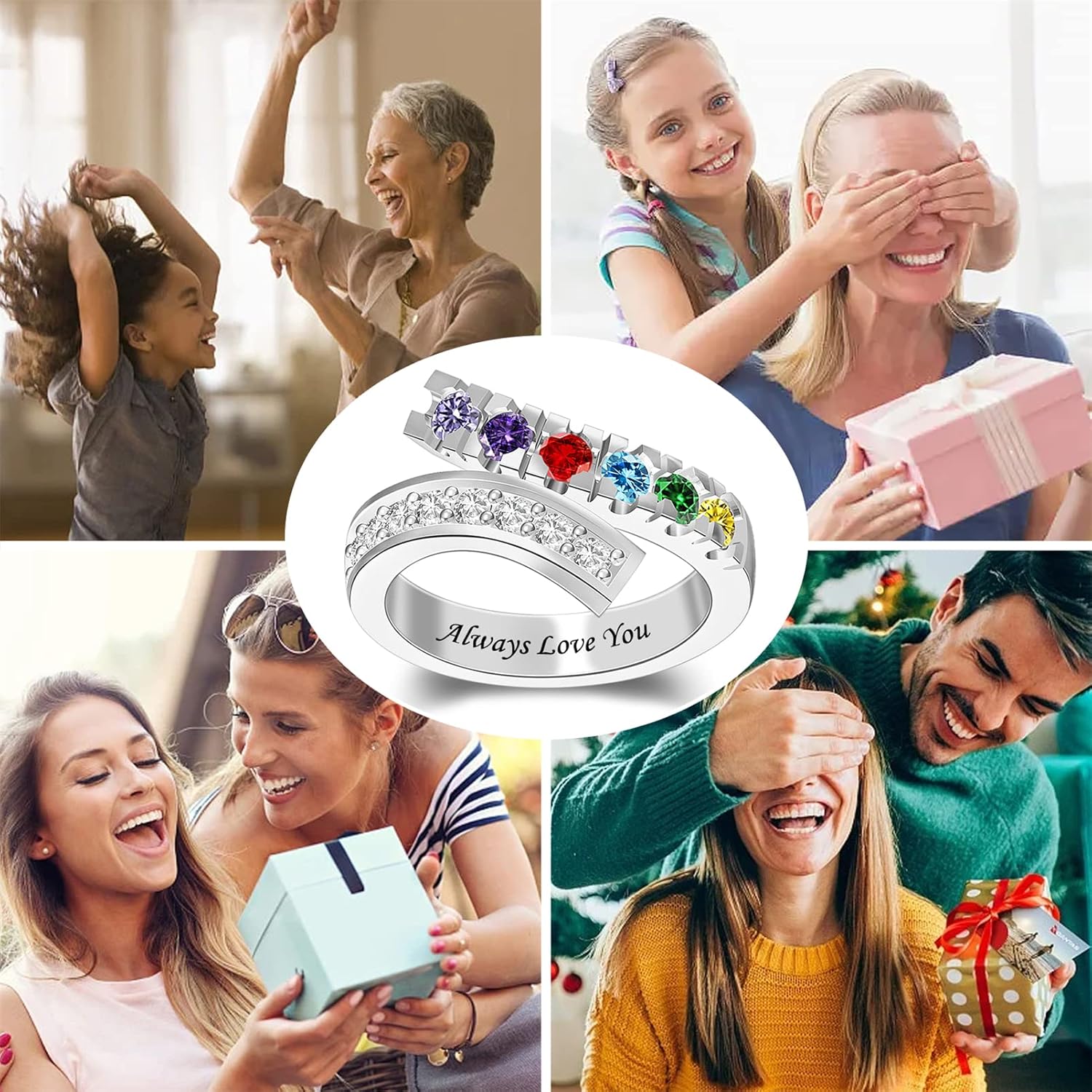 BAUMA AUTO Personalized Birthstone Rings for Mom, Mothers Rings with 1-6 Birthstones & Engraving Text Family Custom Birthstone Ring for Women Wife Daughter