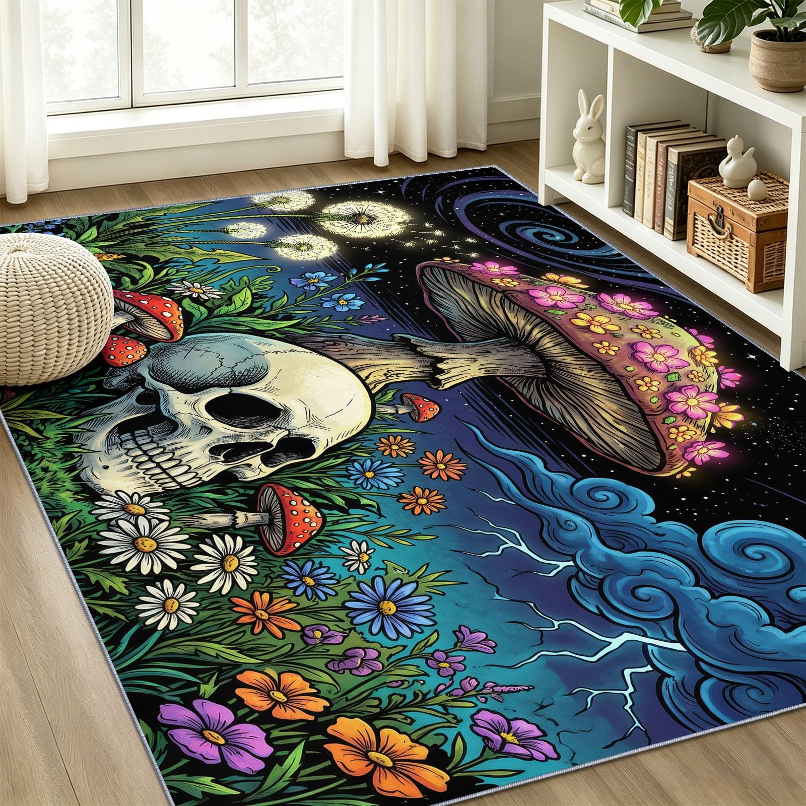 Tapis de Sol Jardin Gothique - Lavable en Machine Antidérapant Tapis à Poils Courts - Crâne Champignon Fleur Sauvage - Doux Moquette pour Chambre Salon Salle a Manger Bureau Bleu Vert 90x150 cm