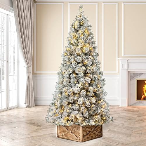 Miniatura 17 de Glitzhome Árbol de Navidad artificial preiluminado de 6 pies, árbol de Navidad de pino delgado flocado con 300 luces blancas cálidas para decoración