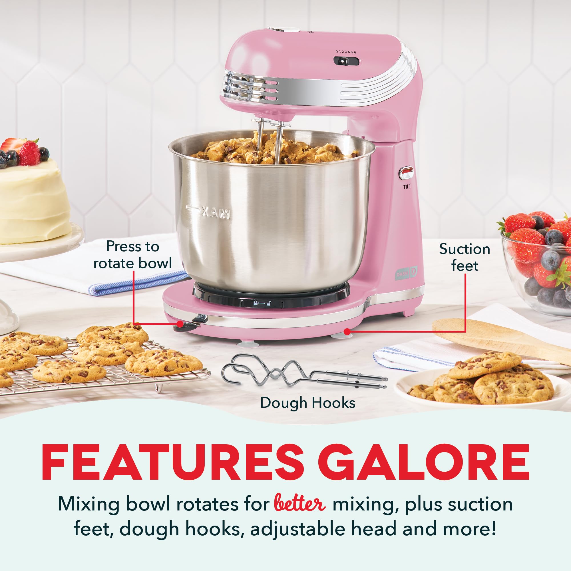 Dash Everyday Stand Mixer - Compact Tilt-Head Stand Mixer for Everyday Recipes - 6-Speed Power with Stainless Steel Bowl - Pink, 3-Quart view 6