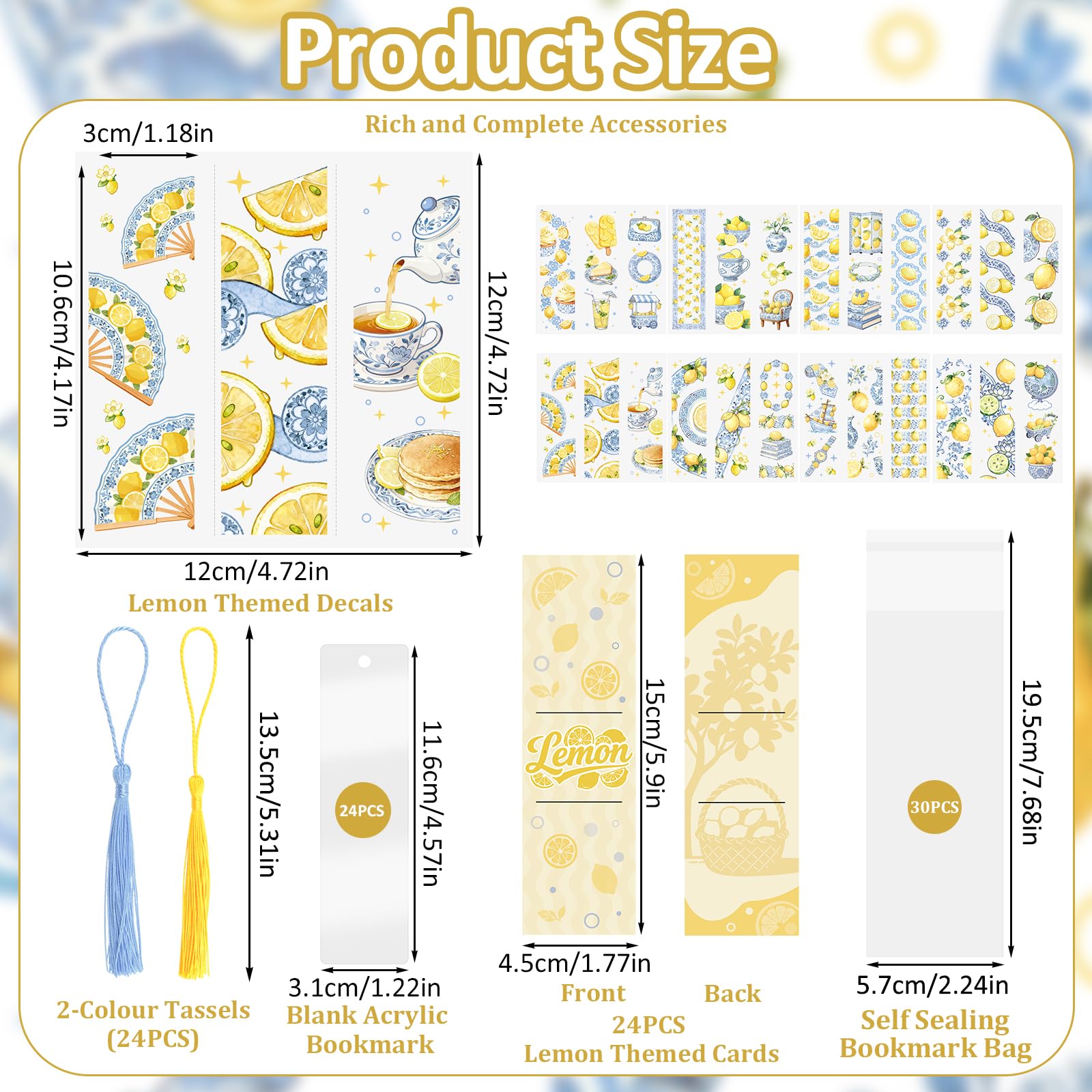WANDIC 24Pcs Cartoon Lemon Theme Acrylic Bookmarks with UV DTF Transfer Stickers - DIY Waterproof Cartoon Lemon Design, Handcraft Scrapbooking Supplies with Tassels for Journaling Presents - Image 2