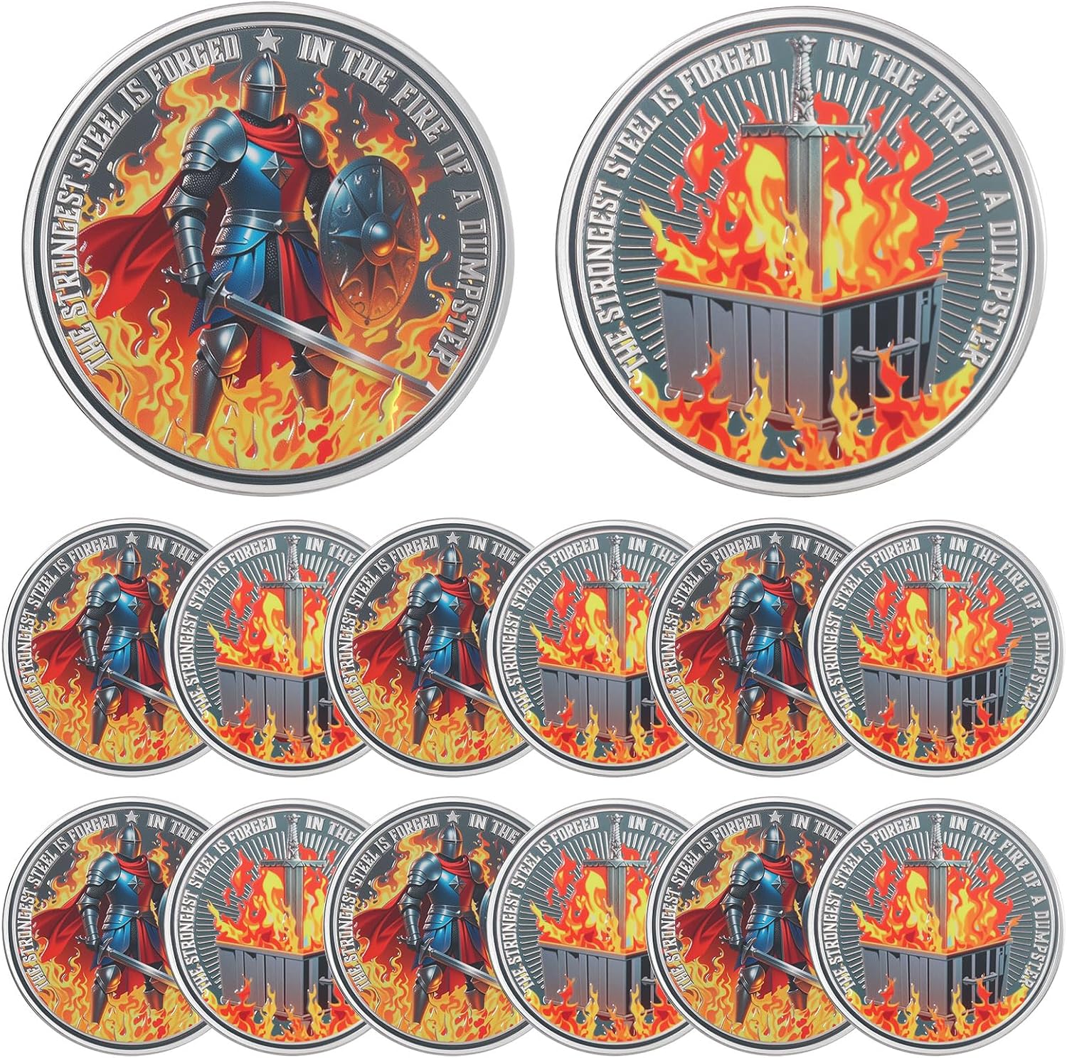 Liliaafar 12 Pcs Knight Dumpster Fire Challenge Coin the Strongest Steel is Forged Dumpster Fire Coin Hilarious Funny Desk Accessories, Appreciation Coins for Employee Office Coworkers Farewell Gifts