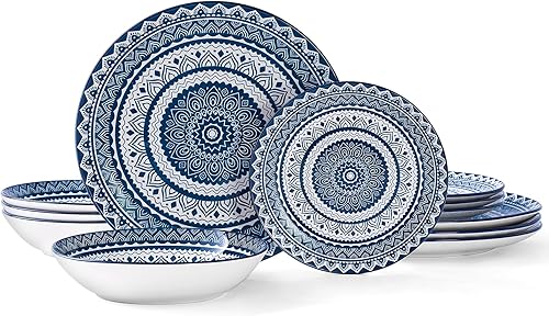 Juego de vajilla de cerámica de 12 piezas, juegos de platos y cuencos de cerámica para 4, platos de postre para ensalada y cuencos de cereales,