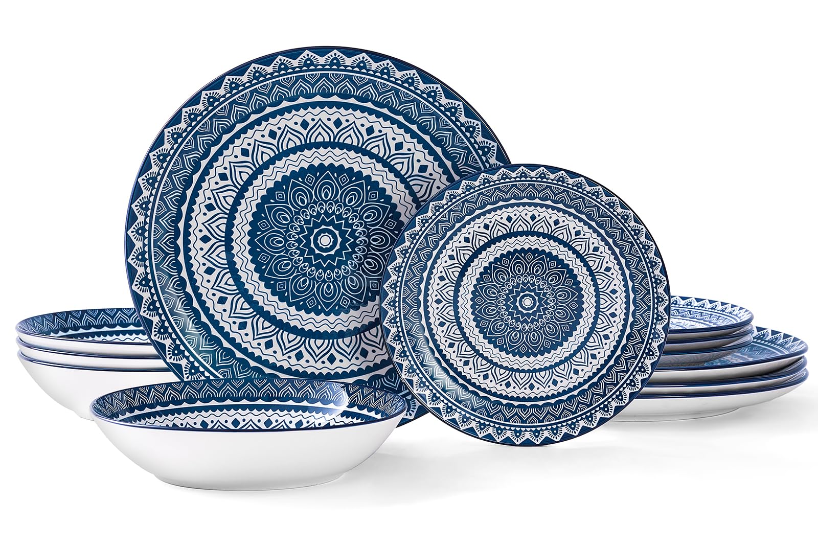 Bestone Ceramic 12-Pieces Dinnerware Sets, Ceramic Dish Plates and Bowls Sets, Dishes Set for 4, Dinner Salad Dessert Plates, and Cereal Bowls Set, Gift,Vintage Blue-04