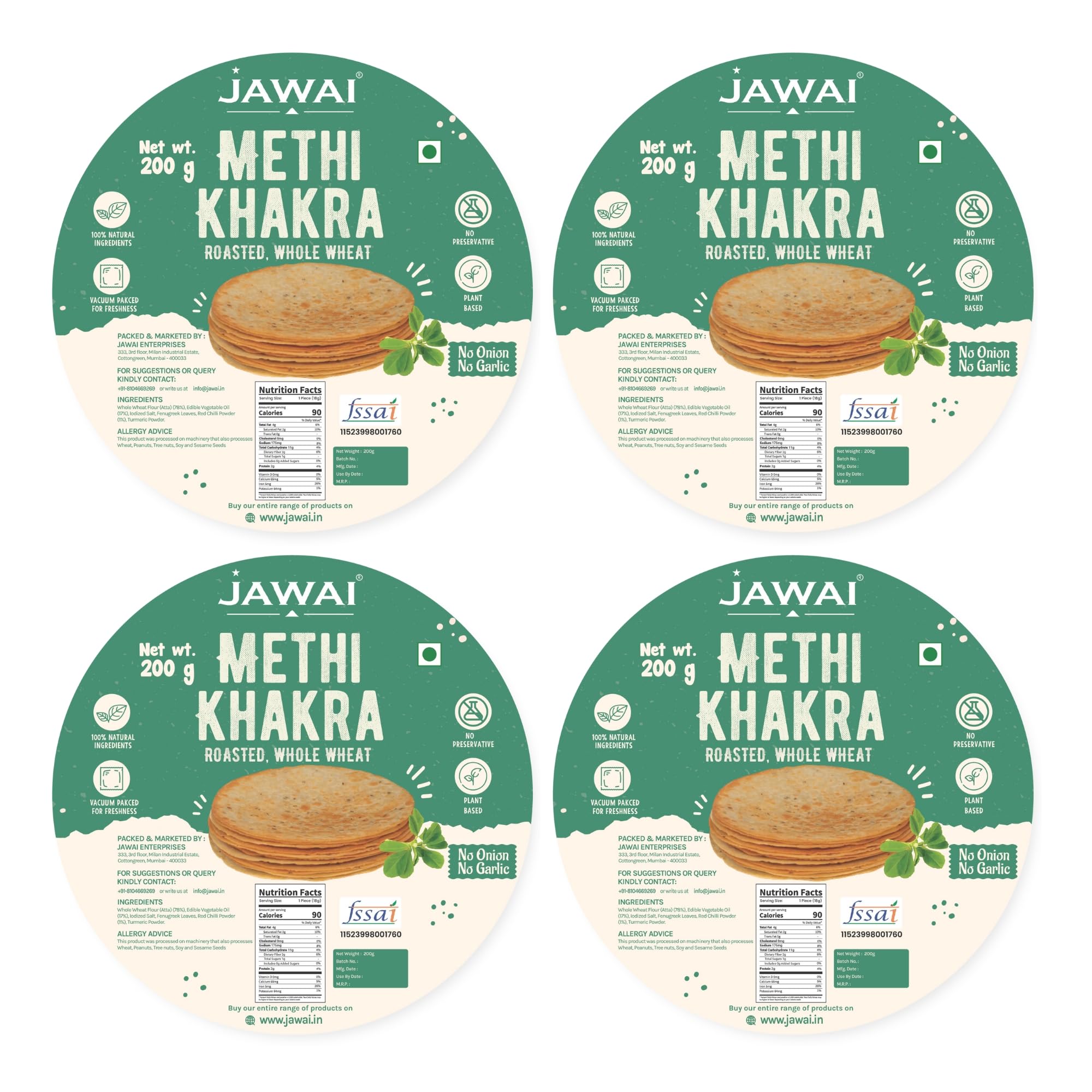 JAWAI ROASTED WHOLE WHEAT METHI KHAKHRA COMBO KHAKRA- High Protein Healthy Snack, Diet-Friendly, Tea Time Snacks, Vacuum Packed Indian Snacks Pack of 4-200 Grams Each