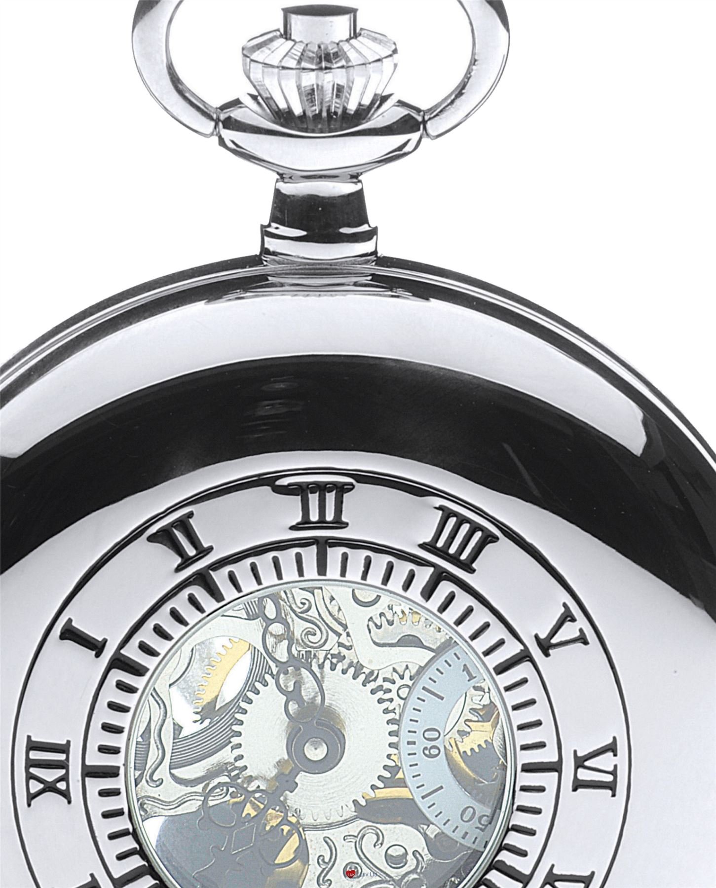 I LUV LTD Skeleton Pocket Watch Half Hunter 17 Jewelled Mechanical Chromed Case - Luxury