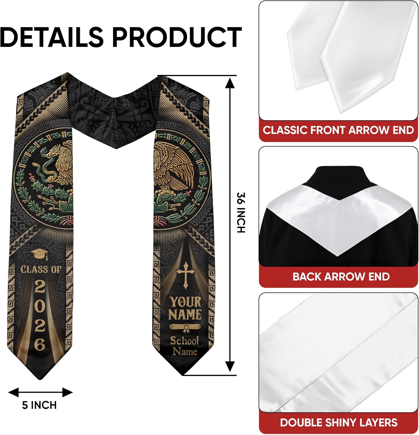 Custom Graduation Stole Mexico 2026, Cross Graduate Stole, Mexican Graduation Sash 2026