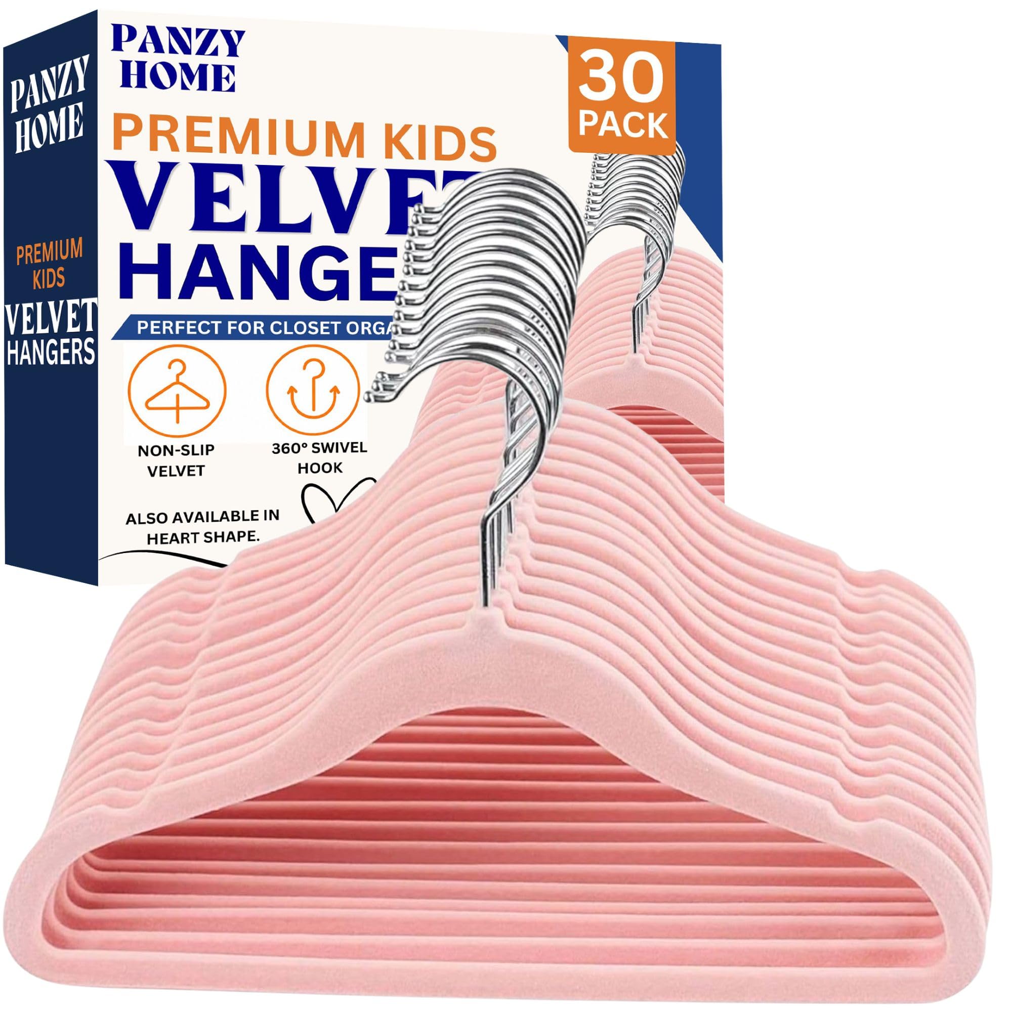 Panzy Home Blush Pink 30 Pack Kids Velvet Clothes Hangers, Non-Slip Clothes Hangers For Infant And Toddler, Ultra-Slim Space Saving For Nursery Closet Organisation
