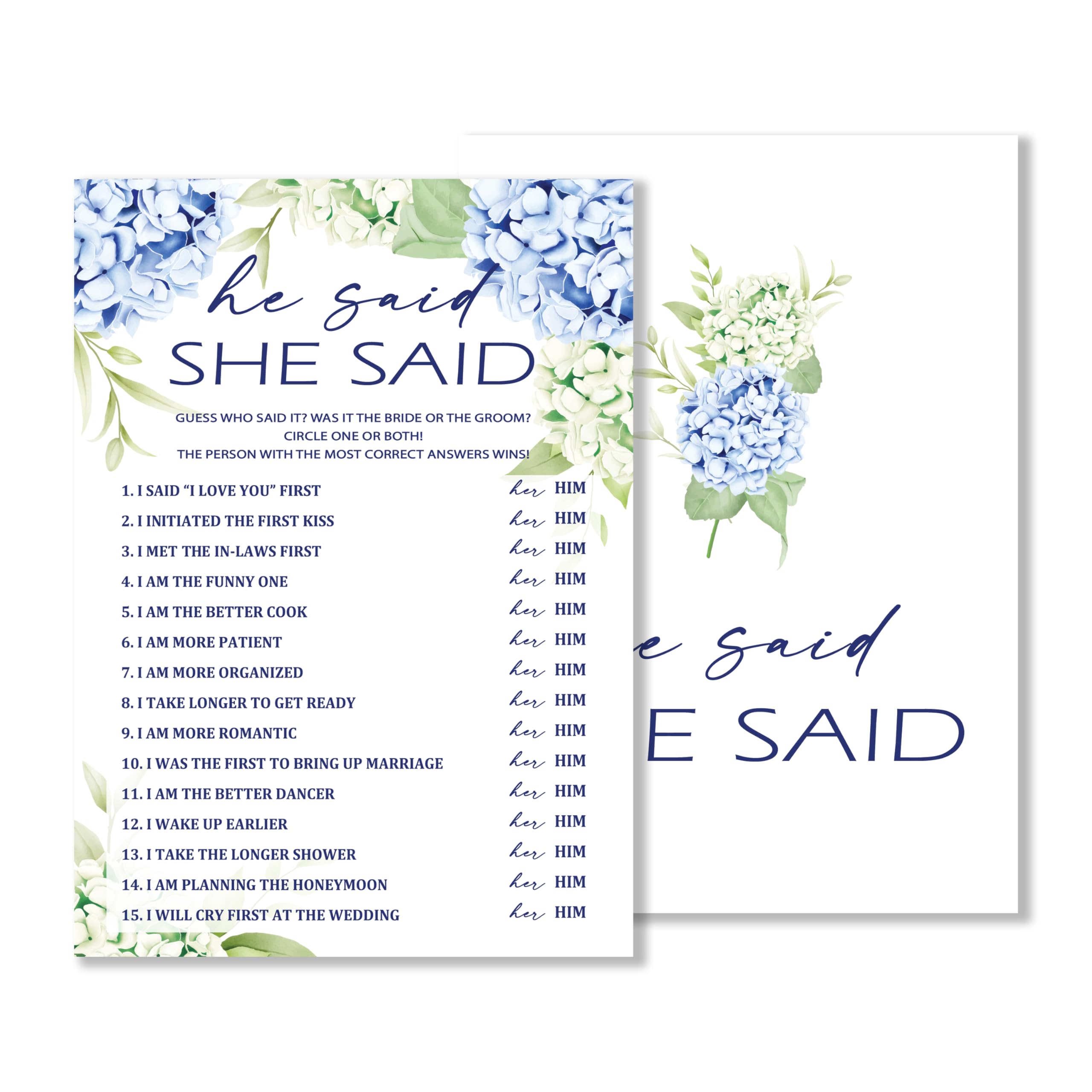 He Said She Said Bridal Shower Games, 25 Blue Floral Wedding Game Cards, Bridal Shower Party Favors & Supplies -05