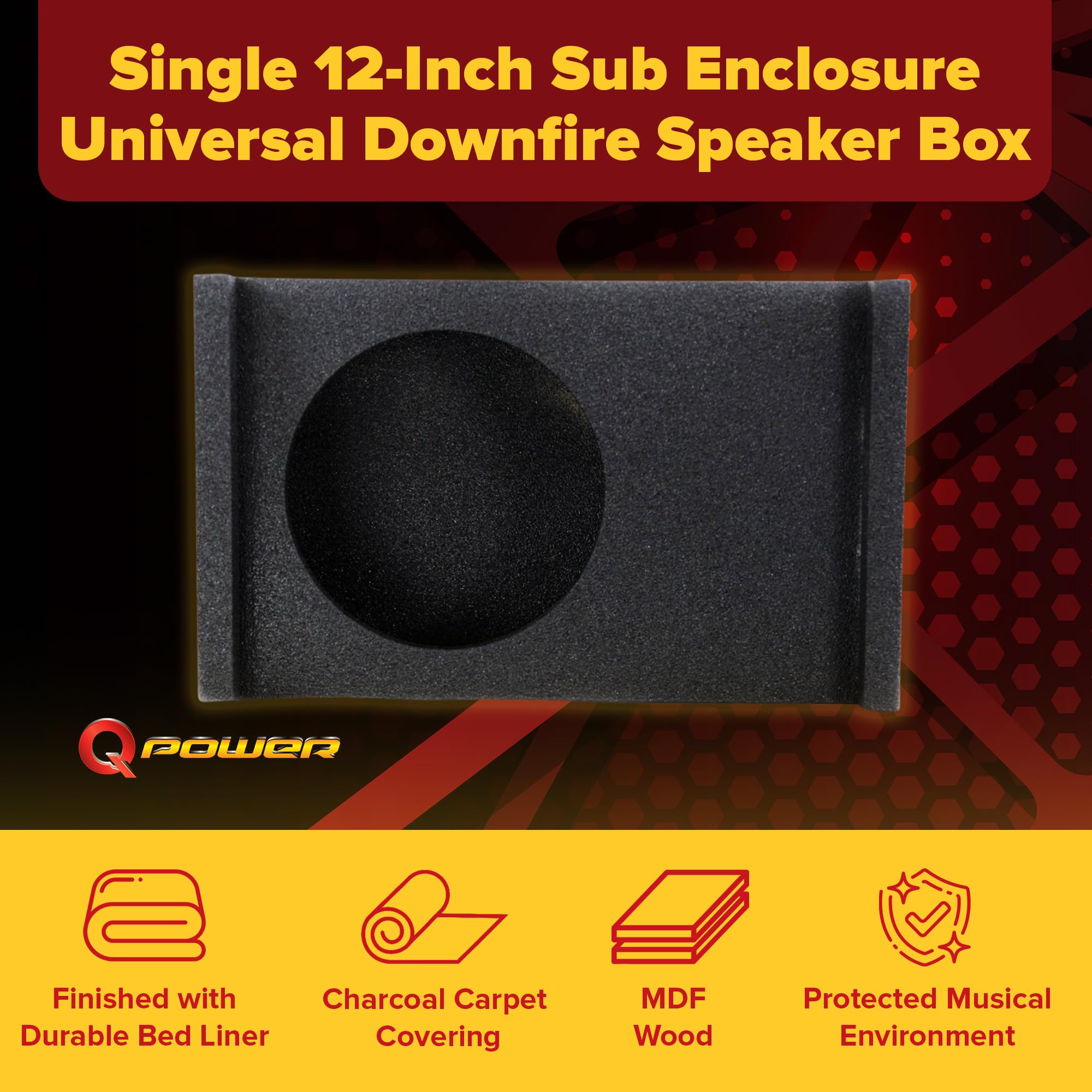 QPower Single 12 Inch Sub Enclosure, Universal Downfire/Behind Seat Speaker Box