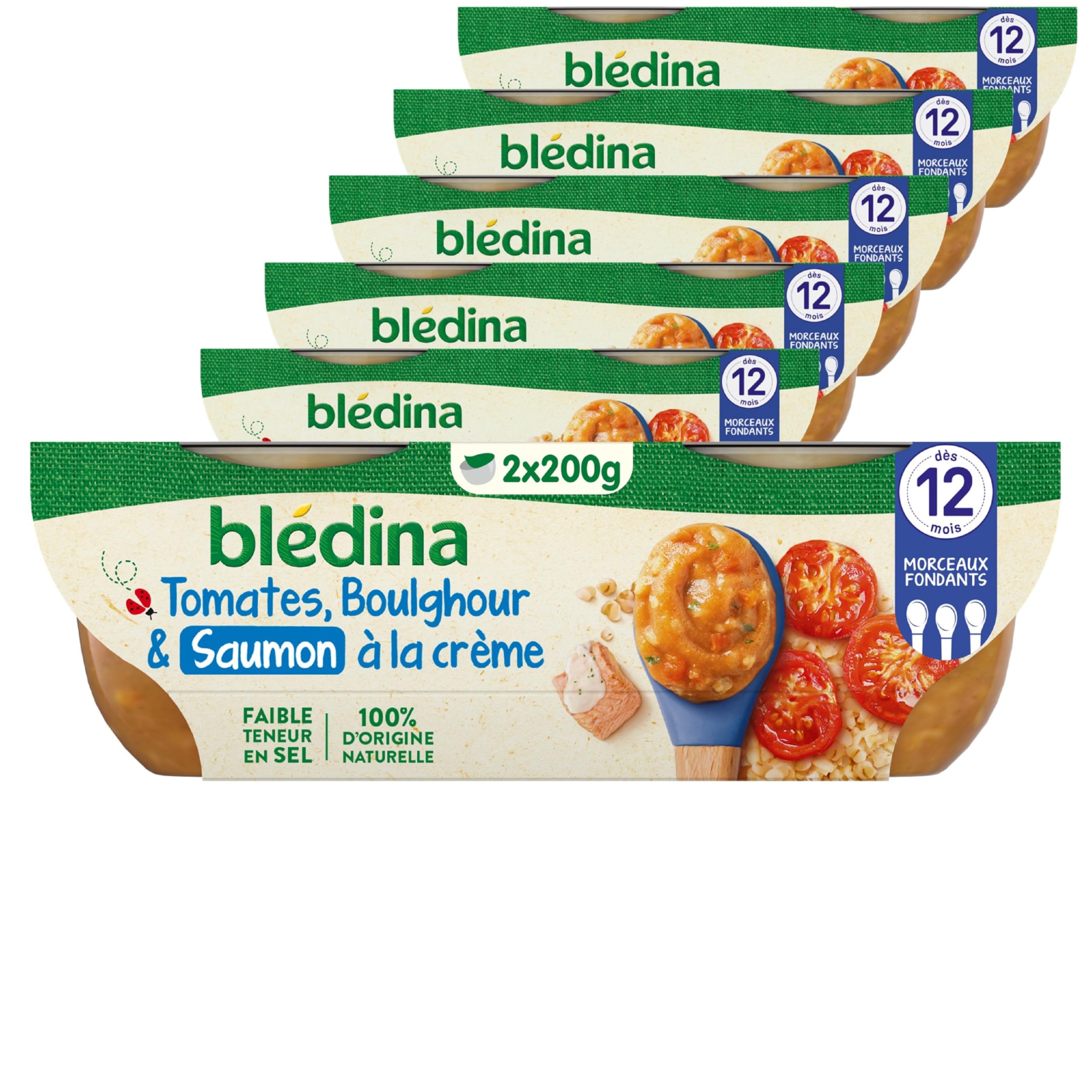 Blédina - Bols - Repas midi bébé - Tomates, Boulghour & Saumon à la crème - Dès 12 mois - Sans sel ajouté - 12x200g - 1