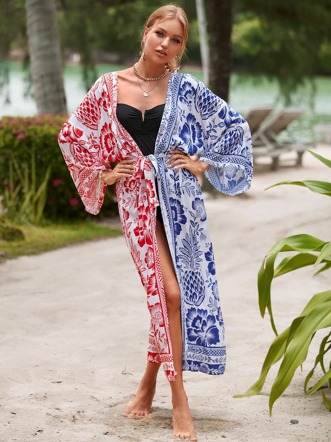 Women Symmetry Floral Print Long Open Front Bathing Suit Dress Lightweight Cardigan Kaftan Sleeve Kimono Cover Up - Image 2