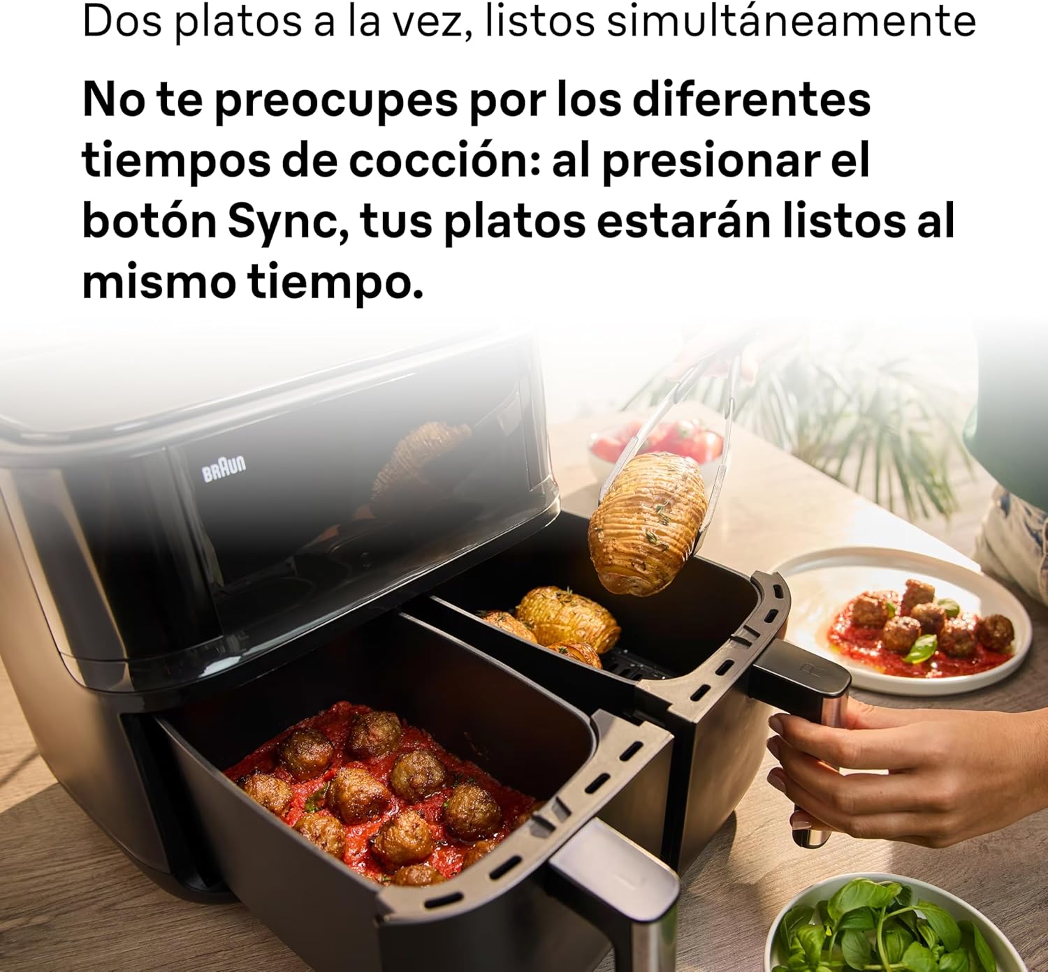 Braun TwinCook 3 Air Fryer cooking meatballs and a potato dish simultaneously
