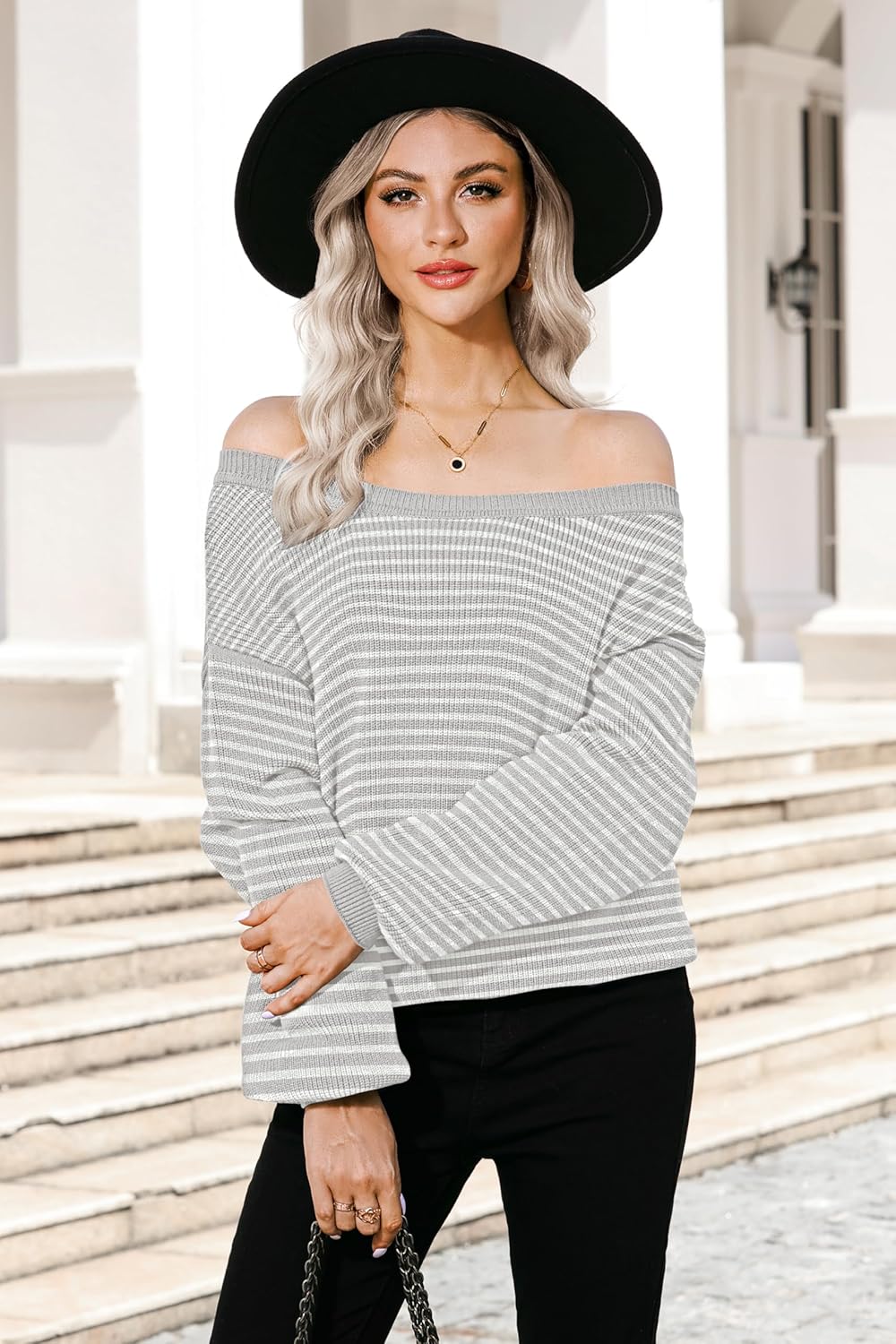 Soesdemo Womens Oversized Sweater Off The Shoulder Crewneck Striped Cute Long Sleeve Knitted Pullover Tunic Sweaters - Image 4