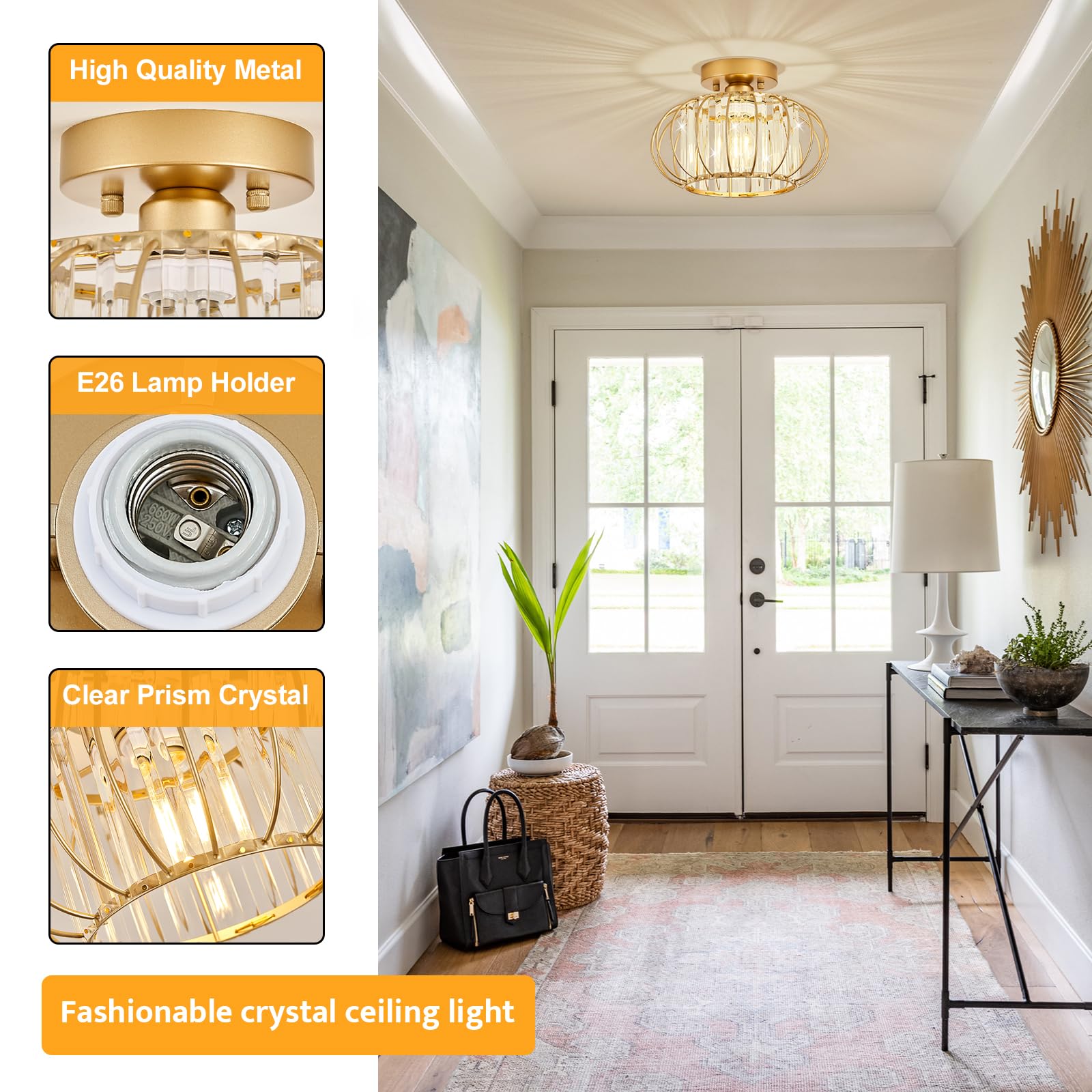 VIOLOEMI Modern Gold Ceiling Light, Crystal Bathroom Flush Mount Light ...