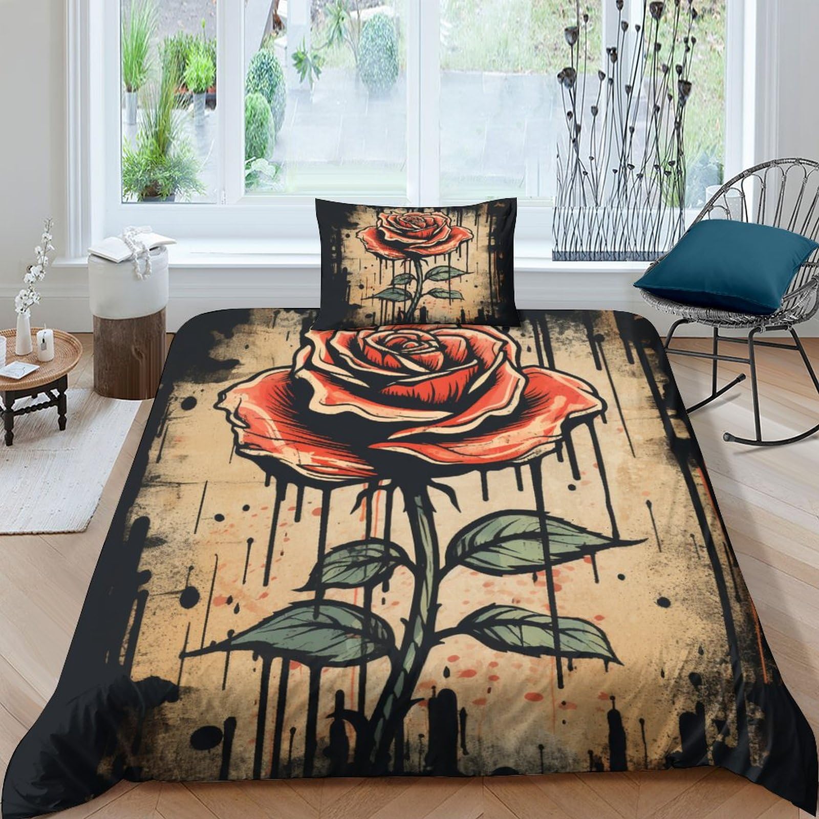 Housse de couette roses anciennes anti-plis en microfibre douce 135x200