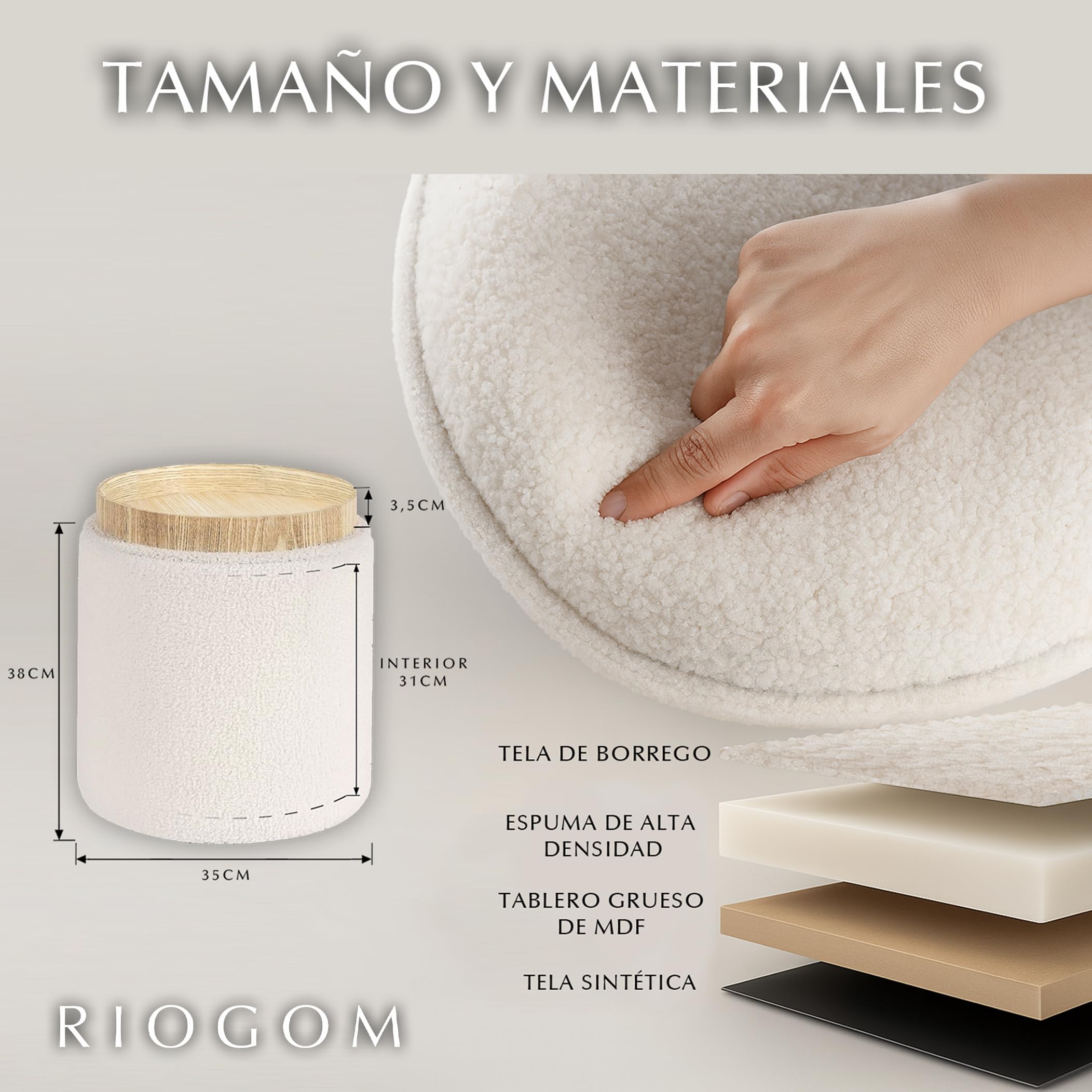️ Reposapies Salon - Puff Almacenaje con Mesa de Madera reversible Tela Suave, Baul Almacenaje, Reposapies Sofa, Taburete almacenaje, Banco almacenaje, Banco almacenaje asiento, Ø34x38 (Blanco)