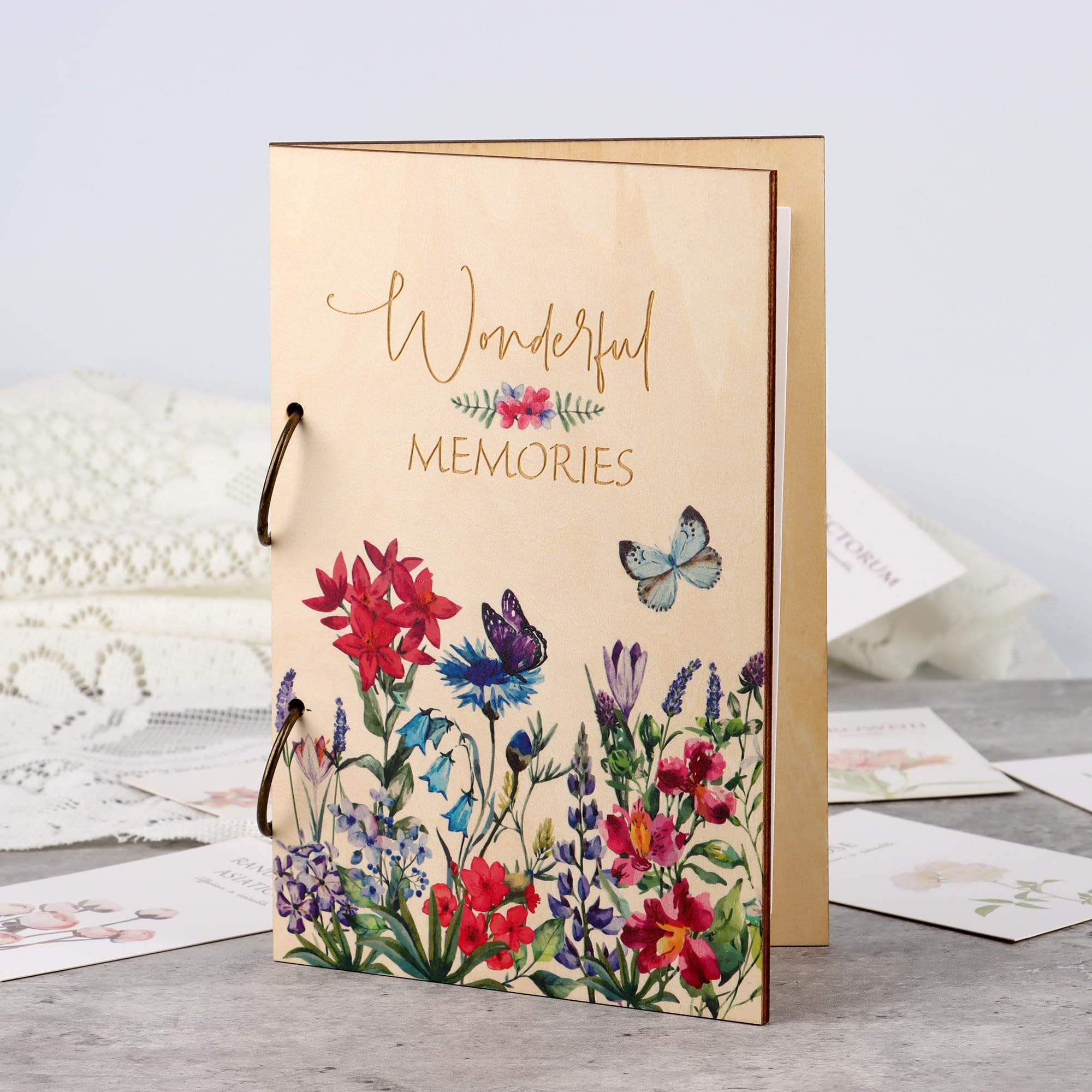 Giiffu Greeting Card Organizer – Wonderful Memories Wooden Floral Card Keeper & Album, Wood Book or Binder for Cards Keepsakes, Personalized Gift for Wedding, Birthday, Anniversaries, Holiday