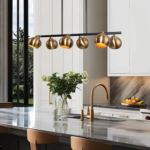 Candelabros para comedor, iluminación ajustable de isla de cocina de 6 luces, gran lámpara moderna negra y dorada, lámparas de comedor sobre mesa
