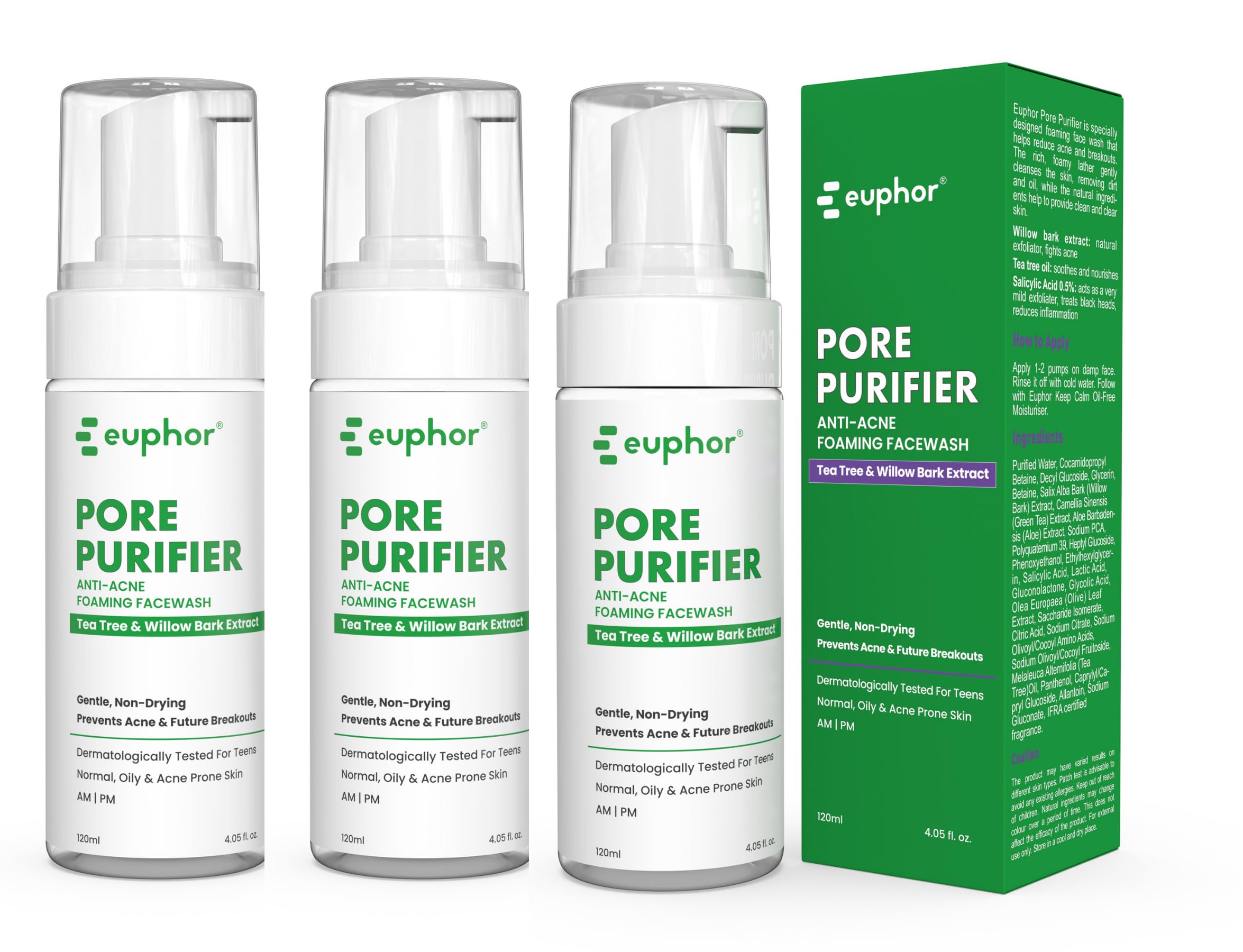 Euphor Teens | Anti-acne Foaming Face wash- Pore Purifier | Prevents Acne, Pimples and Future Breakouts | Salicylic Acid 0.5%, Tea Tree, Green Tea | Oily and Acne-prone Skin | No Parabens and Sulphates | 120ml (3pc) | For Women and Men