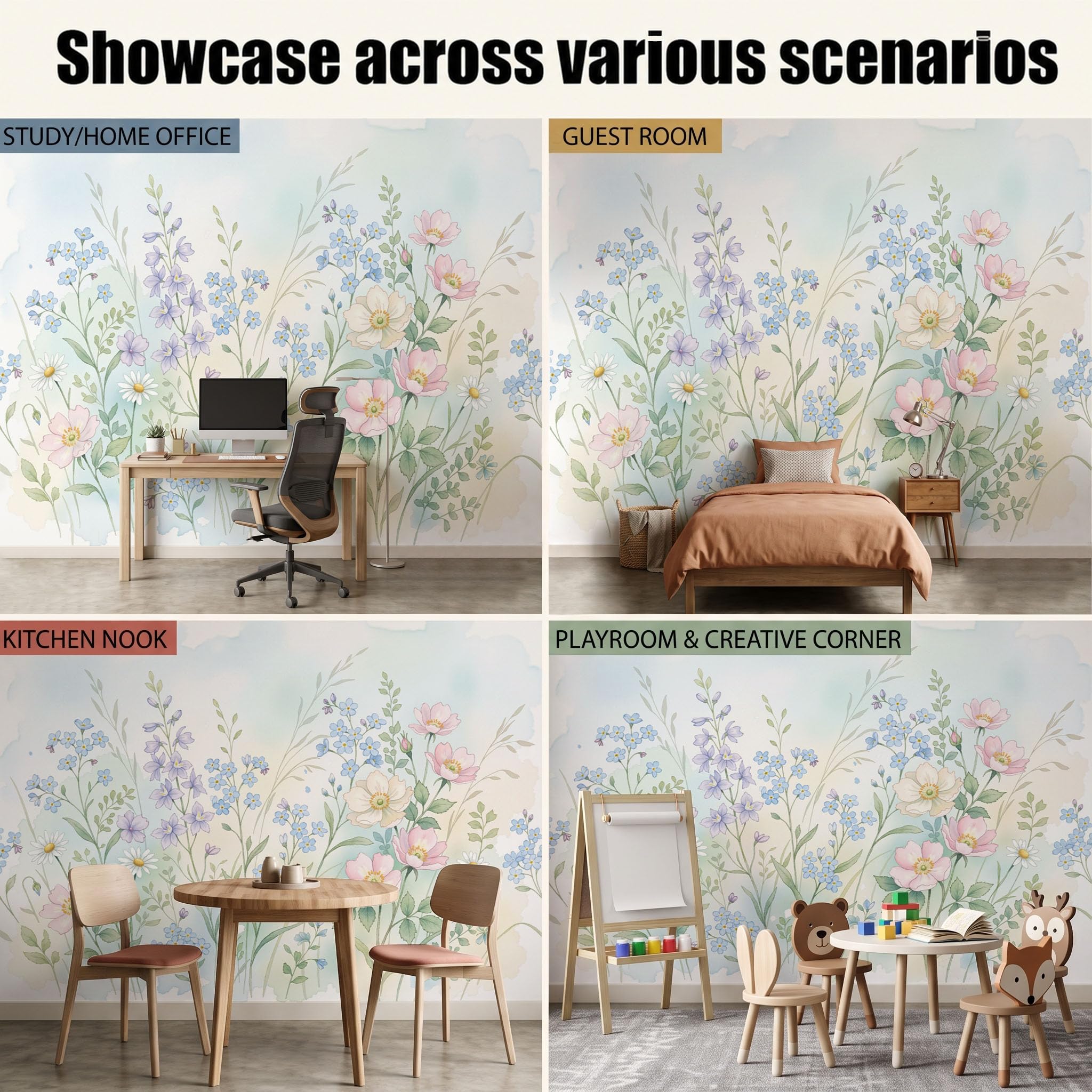 Carta Da Parati Fotografica Rosa Selvatica Fiore A Stella Blu, 350x256cm Fotomurali in Seta Fresco Ad Acquerello Decorazione da Muro Poster Gigante per Camera Da Letto e Sfondo TV Decorazione