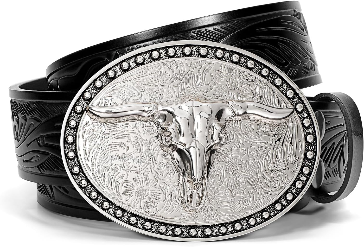 SANSTHS Western Belt Cowboy Belts for Men Women, Western Leather Belts Bull Buckle Belt Embossed Leather Belt for Jeans