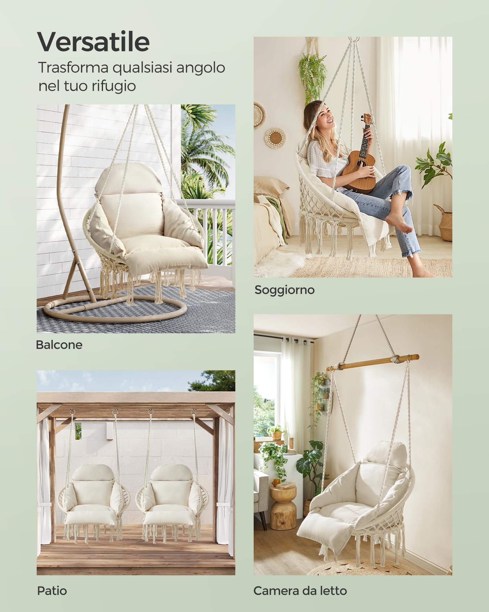 SONGMICS Sedia Altalena, Sedia Amaca, Cuscino Ben Imbottito, Sedia Sospesa Boho, Camera da Letto Balcone Giardino Soggiorno, Regge 120 kg, Accessori Inclusi, Bianco Crema GDC042M01