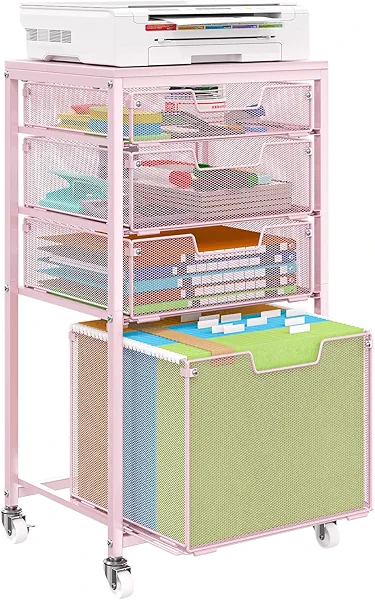 Sbanmao 4 Drawer Rolling File Cart Under Desk Storage, File Cabinets for Home Office, Mobile Filing Cabinet, Hanging File Organizer with Wheels, Utility Cart Printer Stand, Pink (Patent Pending)
