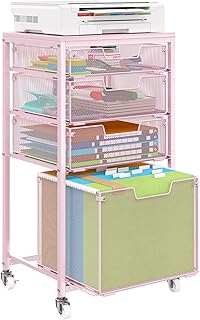 4 Drawer Rolling File Cart Under Desk Storage, File Cabinets for Home Office, Mobile Filing Cabinet, Hanging File Organizer with Wheels, Utility Cart Printer Stand, Pink (Patent Pending)