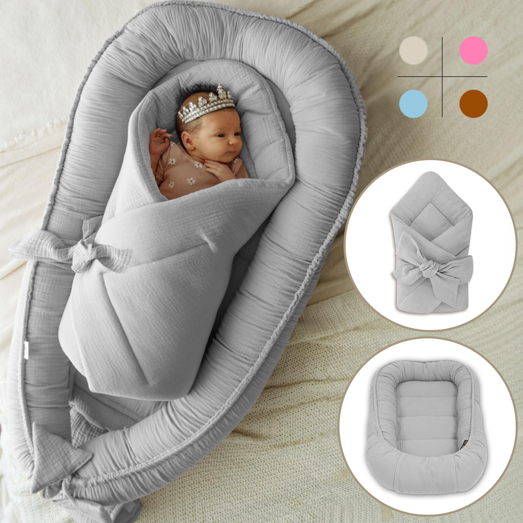 PALULLI® Zestaw 2 w 1 gniazdo dla niemowląt i kocyk do owijania, 100% muślin, zestaw ochraniaczy dla niemowląt, gniazdo dla niemowląt - pierwsze wyposażenie, gniazdo dla noworodka, gniazdo dla