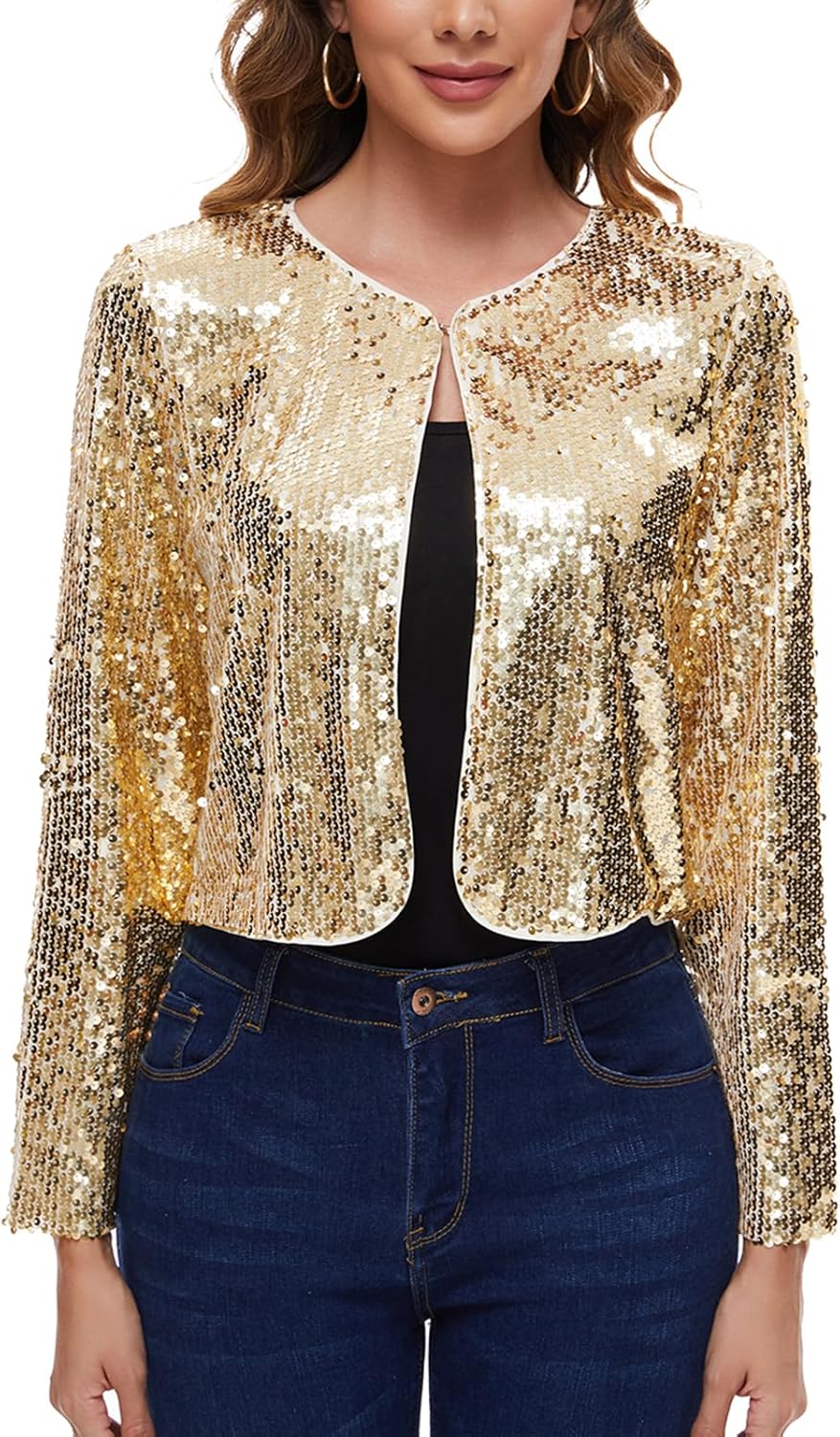 MINTLIMIT Women's Sequin Jacket Long Sleeve Open Front Crop Sparkly Shrugs Shiny Sparkle Glitter Bolero Cardigans(Golden,S)