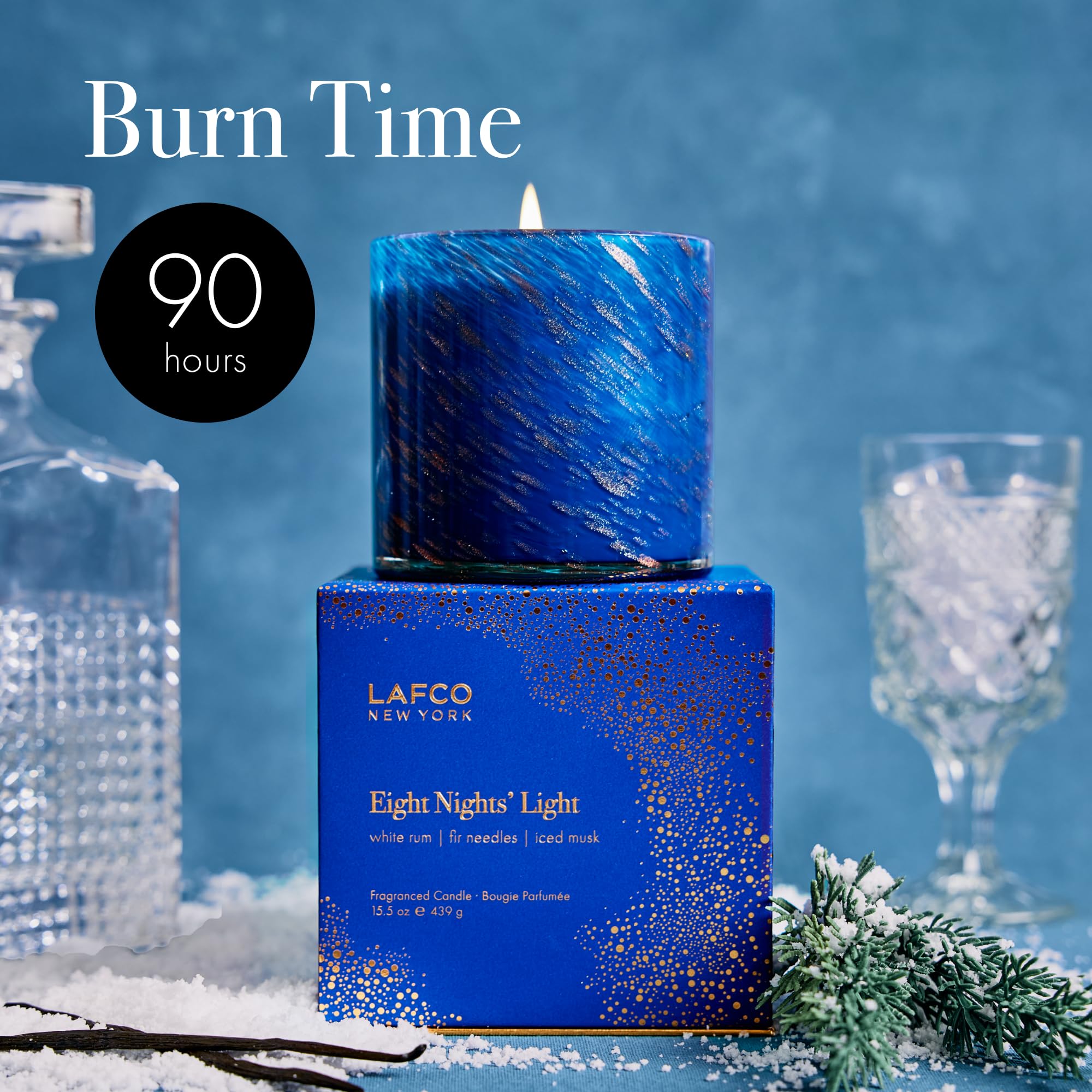 LAFCO New York 2025 Holiday Signature Candle, Eight Nights' Light - 440 ml - 90 ore di combustione, riutilizzabile, vaso in vetro soffiato a mano - Made in USA