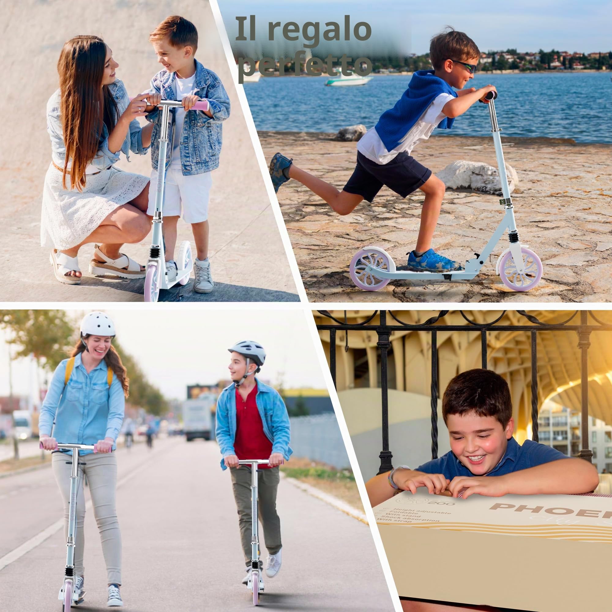 PHOEROS Monopattino per Bambini 6-12 Anni, Adolescenti e Adulti. Monopattino Pieghevole in Alluminio Leggero per Ragazzi, Maschi e Femmine, con Ruote da 200mm, Regolabile in 4 Altezze, Ammortizzatori.