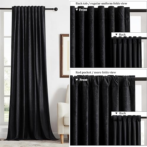 Miniatura 4 de GIGIZAZA Cortinas de terciopelo de 90 pulgadas de largo, 2 paneles, cortinas bohemias negras con estampado de flores en relieve, cortina opaca para