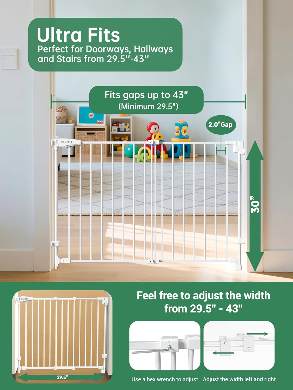 29.5-43" No Bottom Bar Baby Gate for Stairs, Auto Close Dog Gate Indoor, Hardware Mounted, Child Safety Gate for Kids with Large Walk Thru Door, Pet Gate for Doorways adn Stairs - White